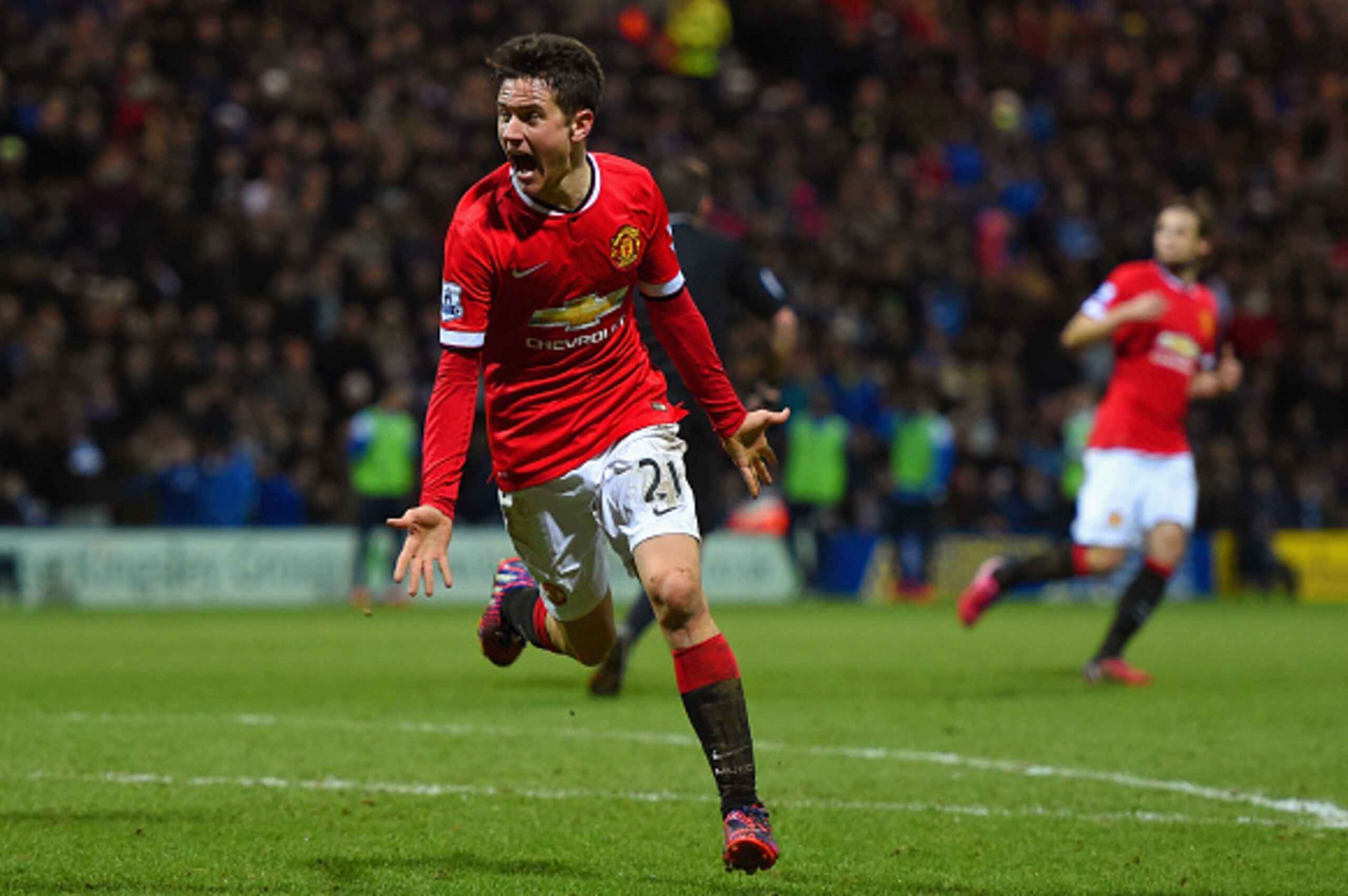 PRESTON, ENGLAND - FEBRUARY 16:  Ander Herrera of Manchester United celebrates scoring their first goal during the FA Cup Fifth round match between Preston North End and Manchester United at Deepdale on February 16, 2015 in Preston, England  (Photo by Mic