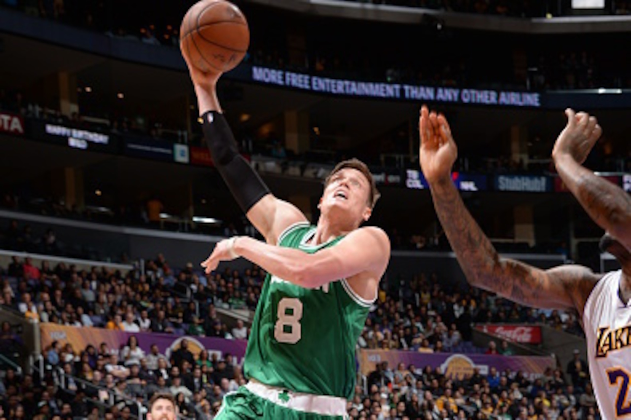 LOS ANGELES, CA - FEBRUARY 22:  Jonas Jerebko #8 of the Boston Celtics drives to the basket against the Los Angeles Lakers on February 22, 2015 at Staples Center in Los Angeles, California. NOTE TO USER: User expressly acknowledges and agrees that, by dow