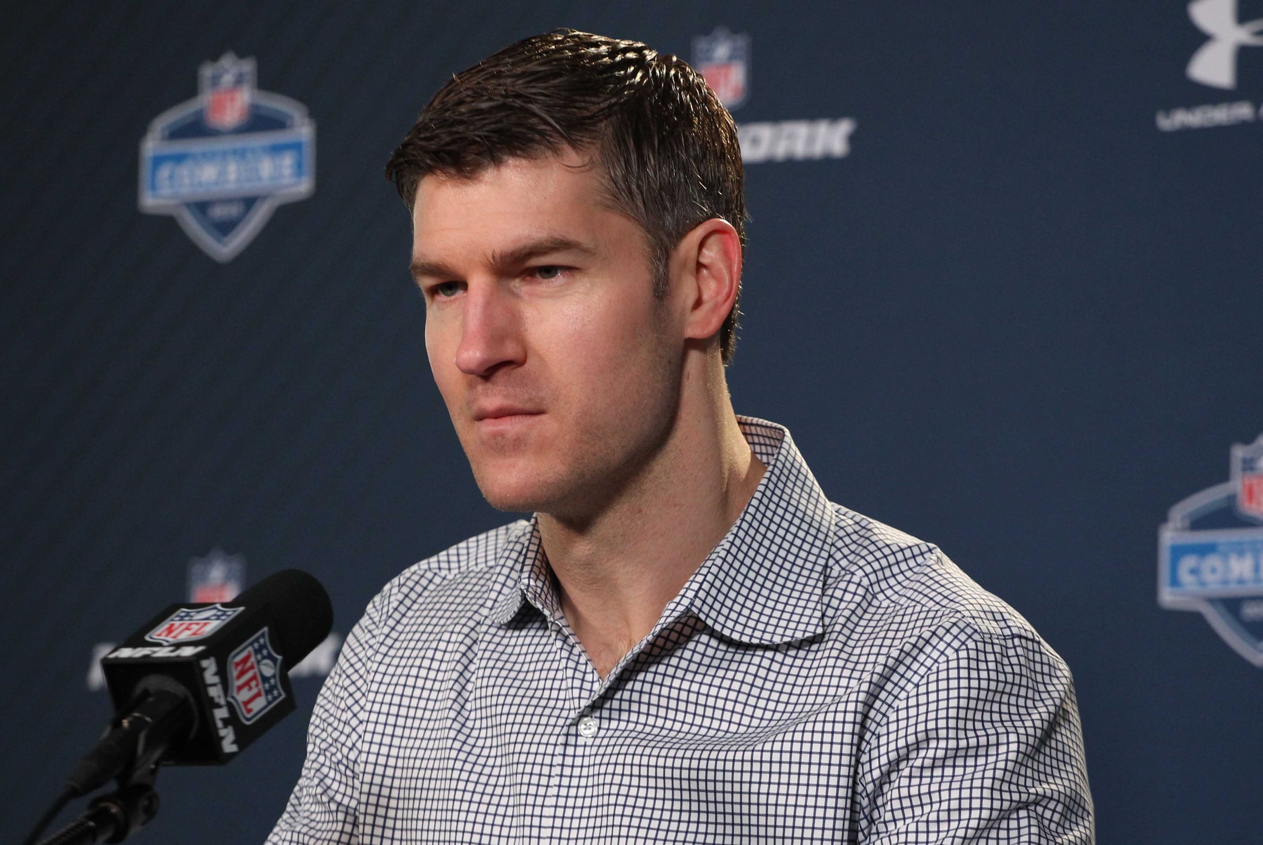 Feb 18, 2015; Indianapolis, IN, USA; Chicago Bears general manager Ryan Pace speaks at a press conference during the 2015 NFL Combine at Lucas Oil Stadium. Mandatory Credit: Brian Spurlock-USA TODAY Sports