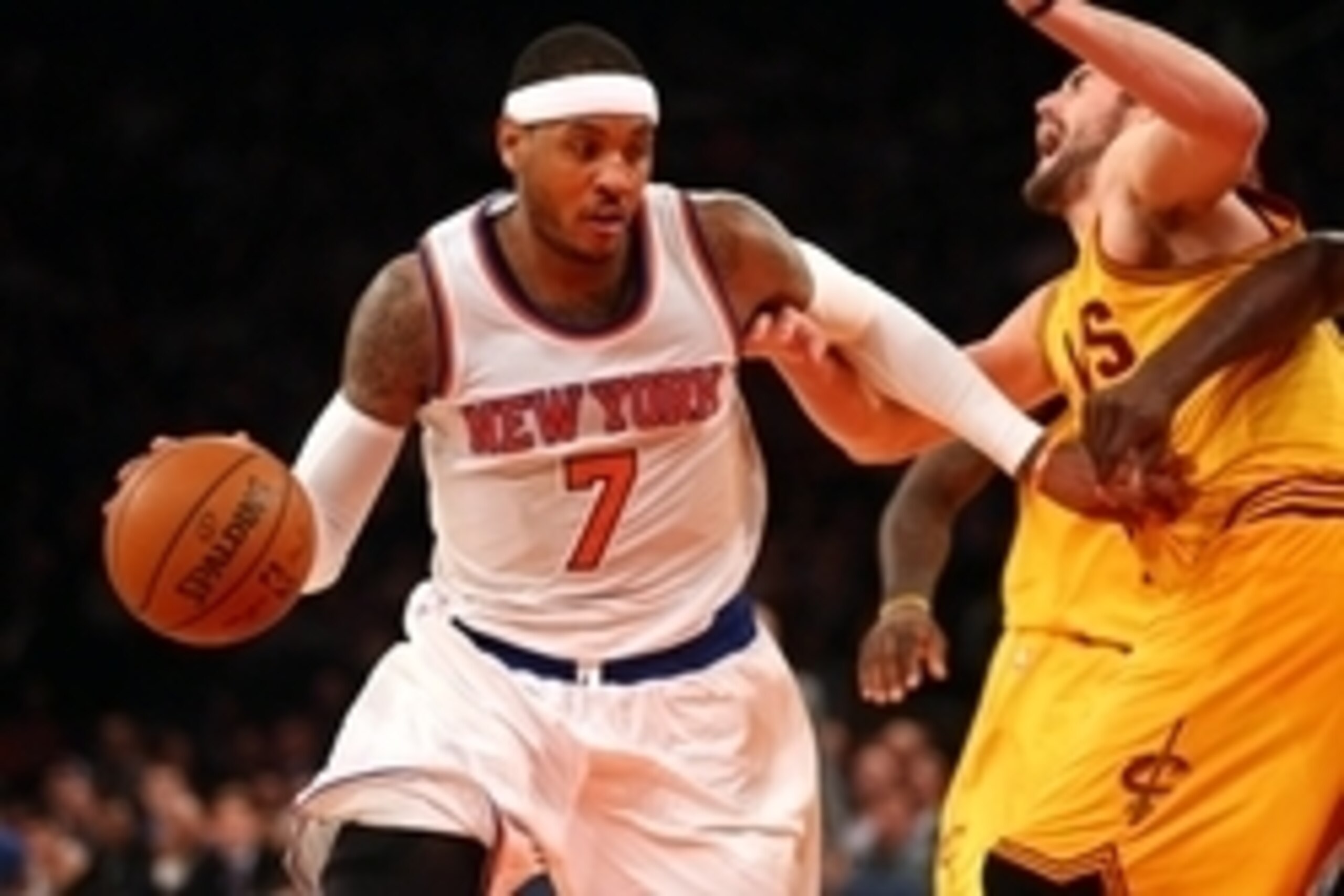Dec 4, 2014; New York, NY, USA; New York Knicks small forward Carmelo Anthony (7) controls the ball against Cleveland Cavaliers power forward Kevin Love (0) during the fourth quarter at Madison Square Garden. The Cavaliers defeated the Knicks 90-87. Manda