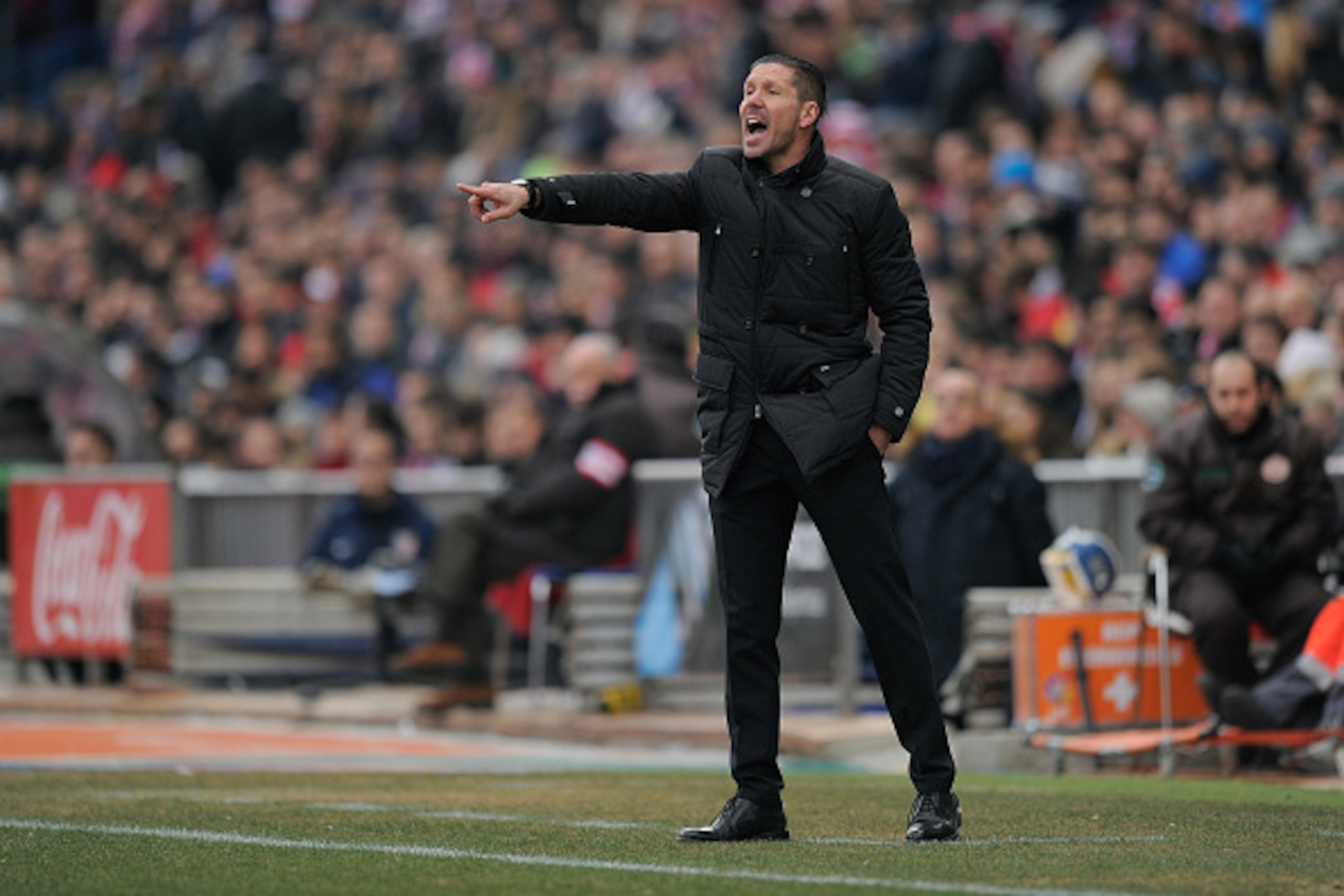 MADRID, SPAIN - FEBRUARY 07:  Head coach Diego Simeone of Club Atletico de Madrid reacts during the La Liga match between Club Atletico de Madrid and Real Madrid at Vicente Calderon Stadium on February 7, 2015 in Madrid, Spain.  (Photo by Denis Doyle/Gett