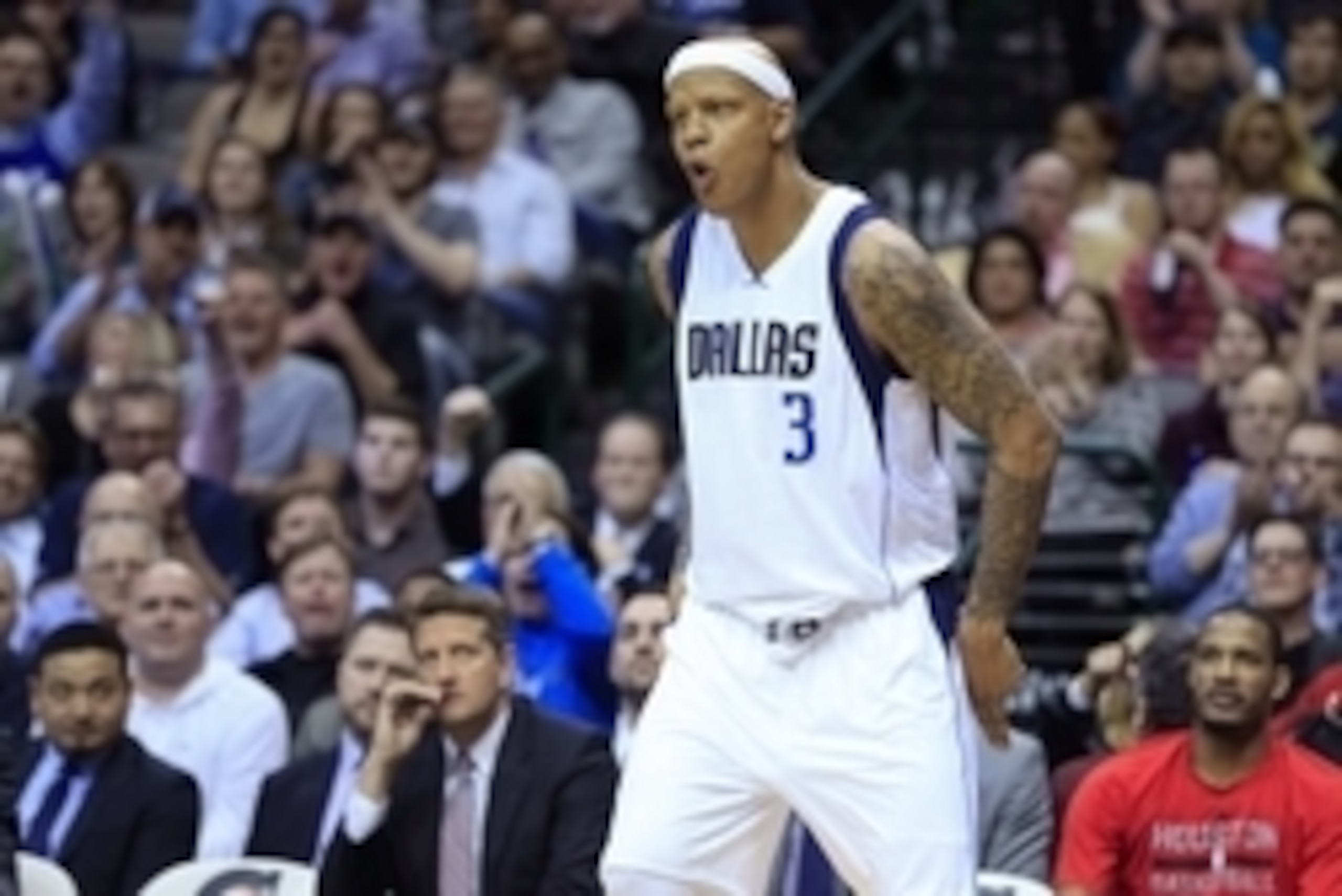 Feb 20, 2015; Dallas, TX, USA; Dallas Mavericks forward Charlie Villanueva (3) reacts after scoring during the game against the Houston Rockets at American Airlines Center. Dallas won 111-100. Mandatory Credit: Kevin Jairaj-USA TODAY Sports
