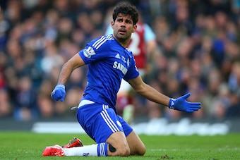 LONDON, ENGLAND - FEBRUARY 21: Diego Costa of Chelsea reacts after not being awarded a penalty  during the Barclays Premier League match between Chelsea and Burnley at Stamford Bridge on February 21, 2015 in London, England.  (Photo by Paul Gilham/Getty I