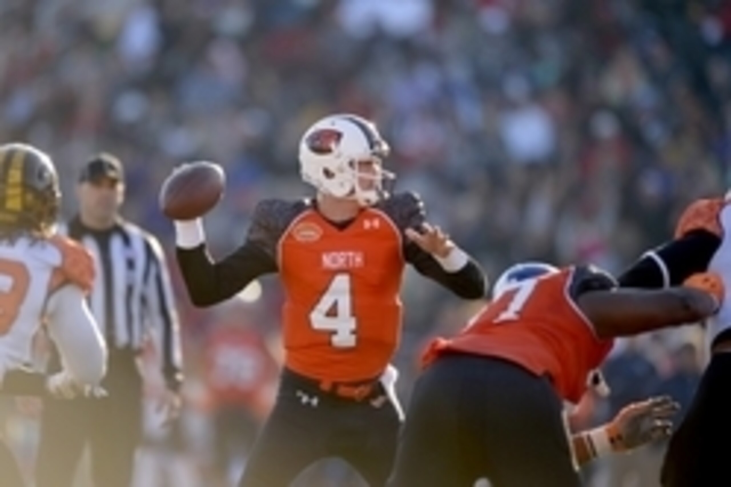 Jan 24, 2015; Mobile, AL, USA;  North squad quarterback Sean Mannion of Oregon State (4) looks for a receiver against the South squad in the second quarter of the Senior Bowl at Ladd-Peebles Stadium. Mandatory Credit: Glenn Andrews-USA TODAY Sports