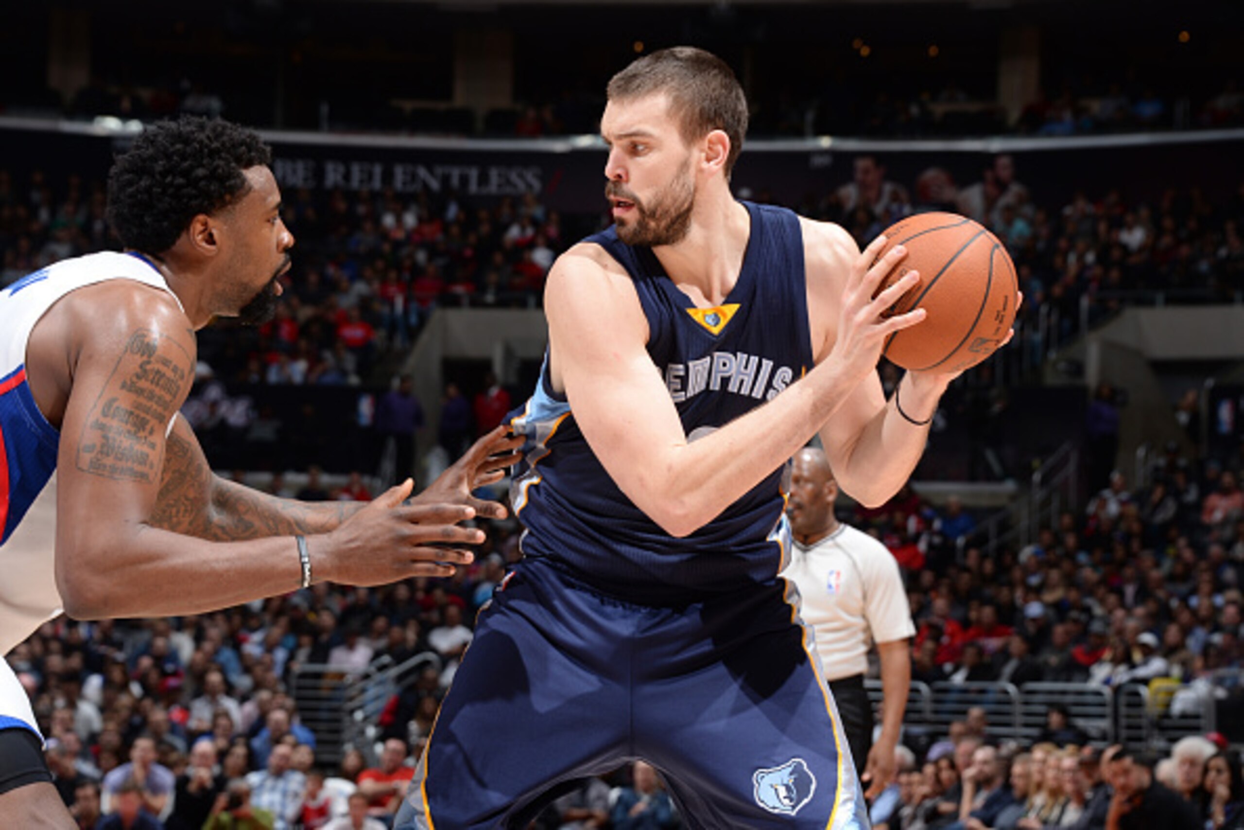 LOS ANGELES, CA - FEBRUARY 23: Marc Gasol #33 of the Memphis Grizzlies defends the ball against DeAndre Jordan #6 of the Los Angeles Clippers during the game on February 23, 2015 at STAPLES Center in Los Angeles, California. NOTE TO USER: User expressly a