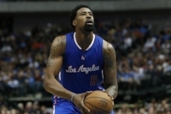 Feb 9, 2015; Dallas, TX, USA; Los Angeles Clippers center DeAndre Jordan (6) shoots a free-throw against the Dallas Mavericks at American Airlines Center. Mandatory Credit: Matthew Emmons-USA TODAY Sports