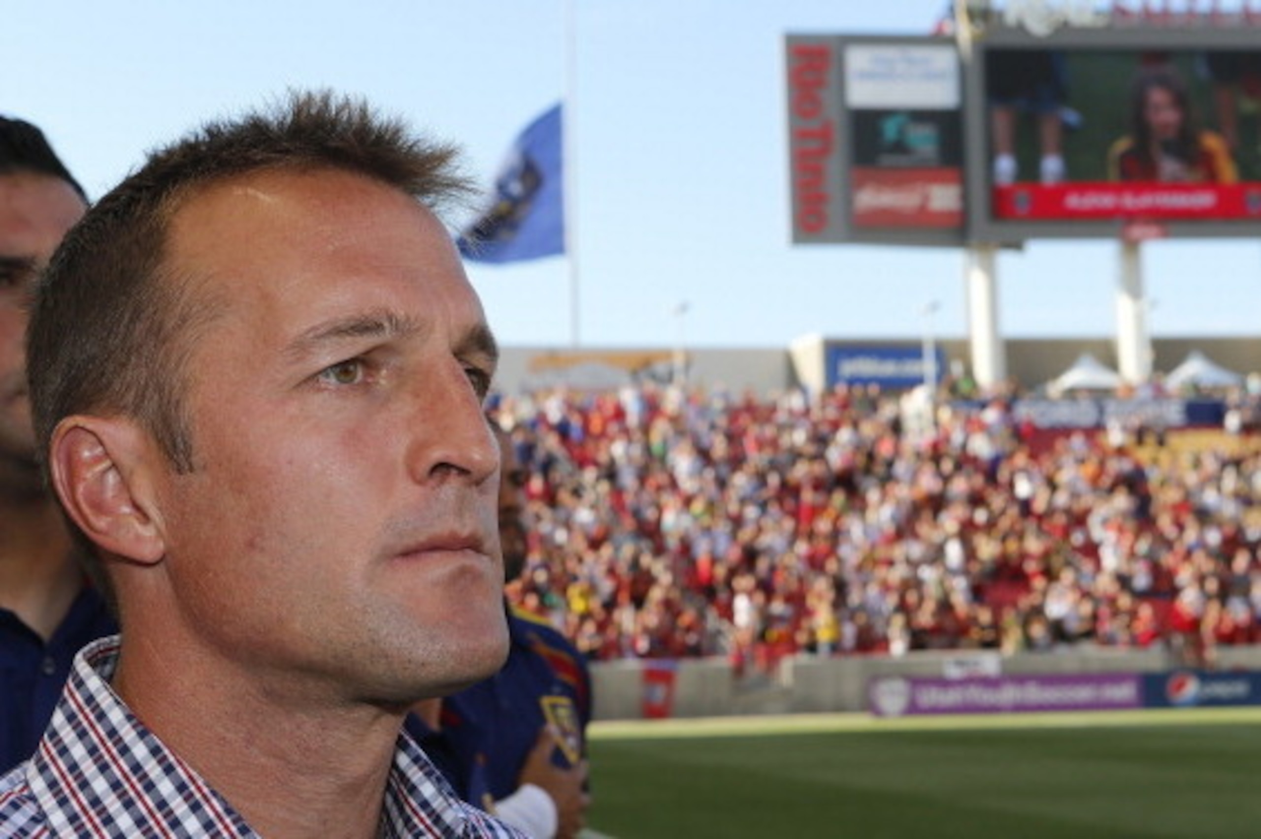 SANDY, UT - JULY 07: Head coach of Real Salt Lake Jason Kreis waits for the start of the game against the Portland Timbers at an MLS soccer game July 7, 2012 at Rio Tinto Stadium in Sandy, Utah. (Photo by George Frey/Getty Images)