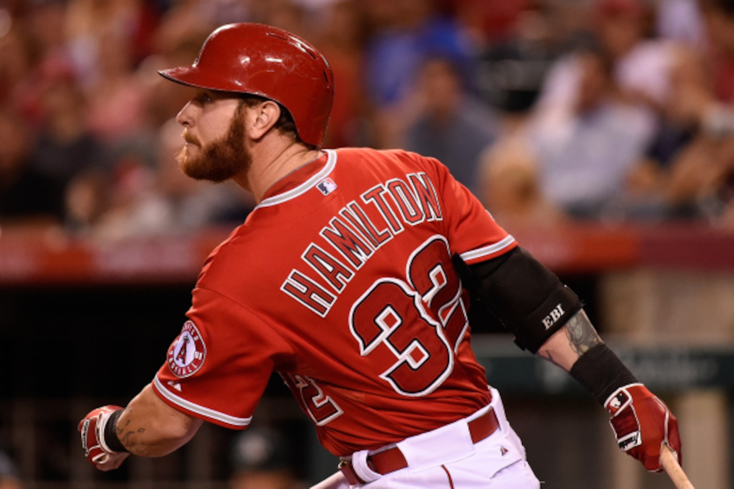 ANAHEIM, CA - AUGUST 28: Josh Hamilton #32 of the Los Angeles Angels of Anaheim hits a single in the second inning against the Oakland Athletics at Angel Stadium of Anaheim on August 28, 2014 in Anaheim, California. (Photo by Lisa Blumenfeld/Getty Image ANAHEIM, CA - AUGUST 28: Josh Hamilton #32 of the Los Angeles Angels of Anaheim hits a single in the second inning against the Oakland Athletics at Angel Stadium of Anaheim on August 28, 2014 in Anaheim, California. (Photo by Lisa Blumenfeld/Getty Image