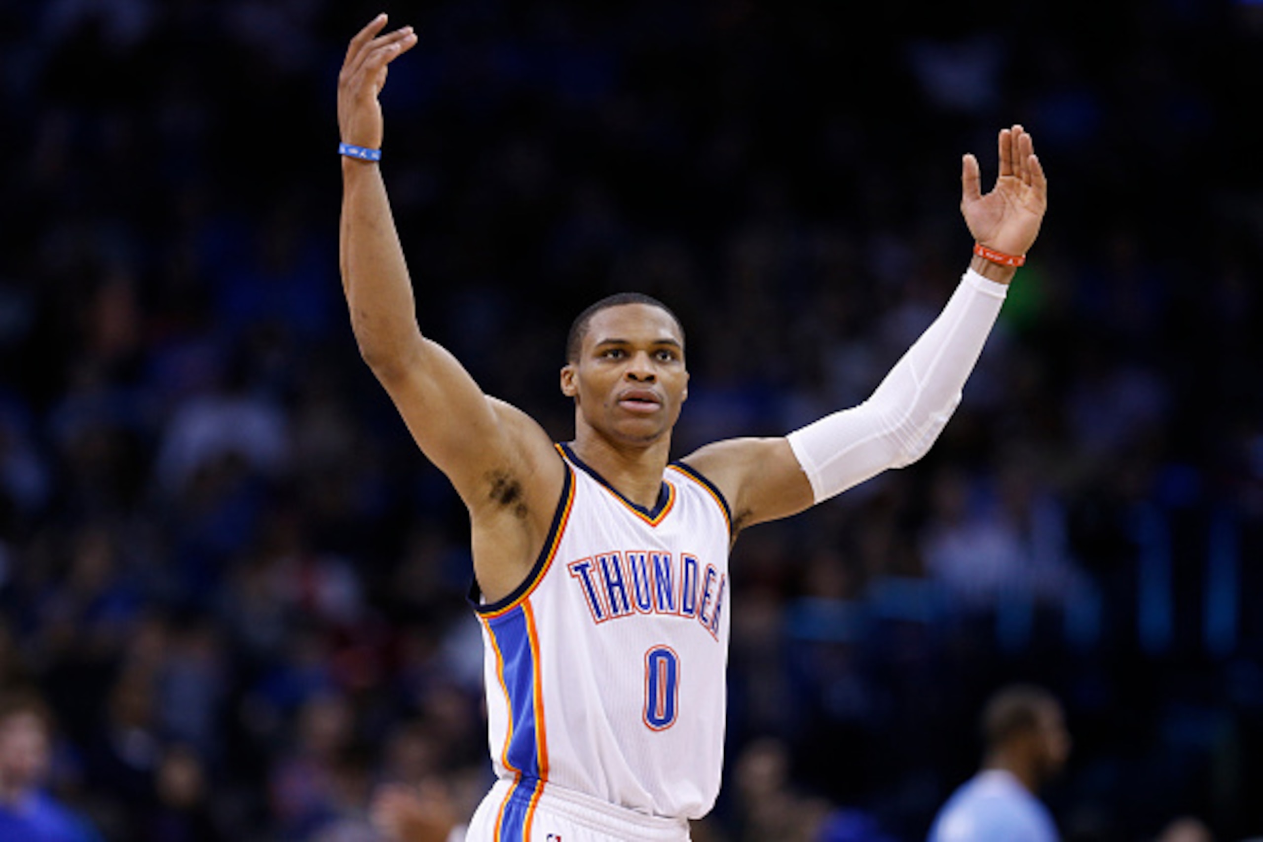 OKLAHOMA CITY, OK - FEBRUARY 8: Russell Westbrook #0 of the Oklahoma City Thunder celebrates during the game against the Los Angeles Clippers at Chesapeake Energy Arena on February 8, 2015 in Oklahoma City, Oklahoma. The Thunder defeated the Clippers 131-