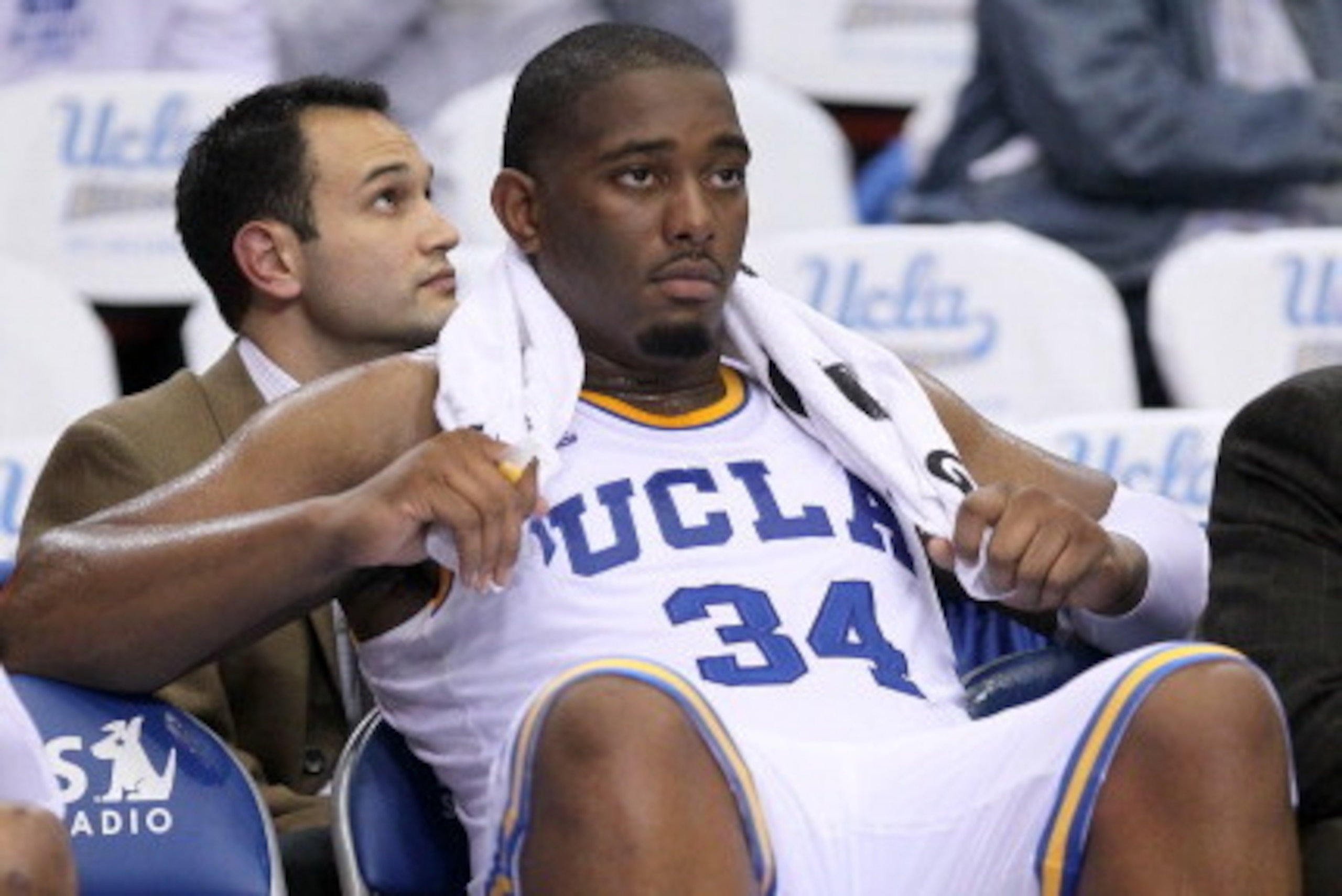 LOS ANGELES, CA - NOVEMBER 15:  Joshua Smith #34 of the UCLA Bruins sits on the bench late in the second half against the Middle Tennessee State Blue Raiders at LA Sports Arena on November 15, 2011 in Los Angeles, California.  Middle Tennessee State won 8