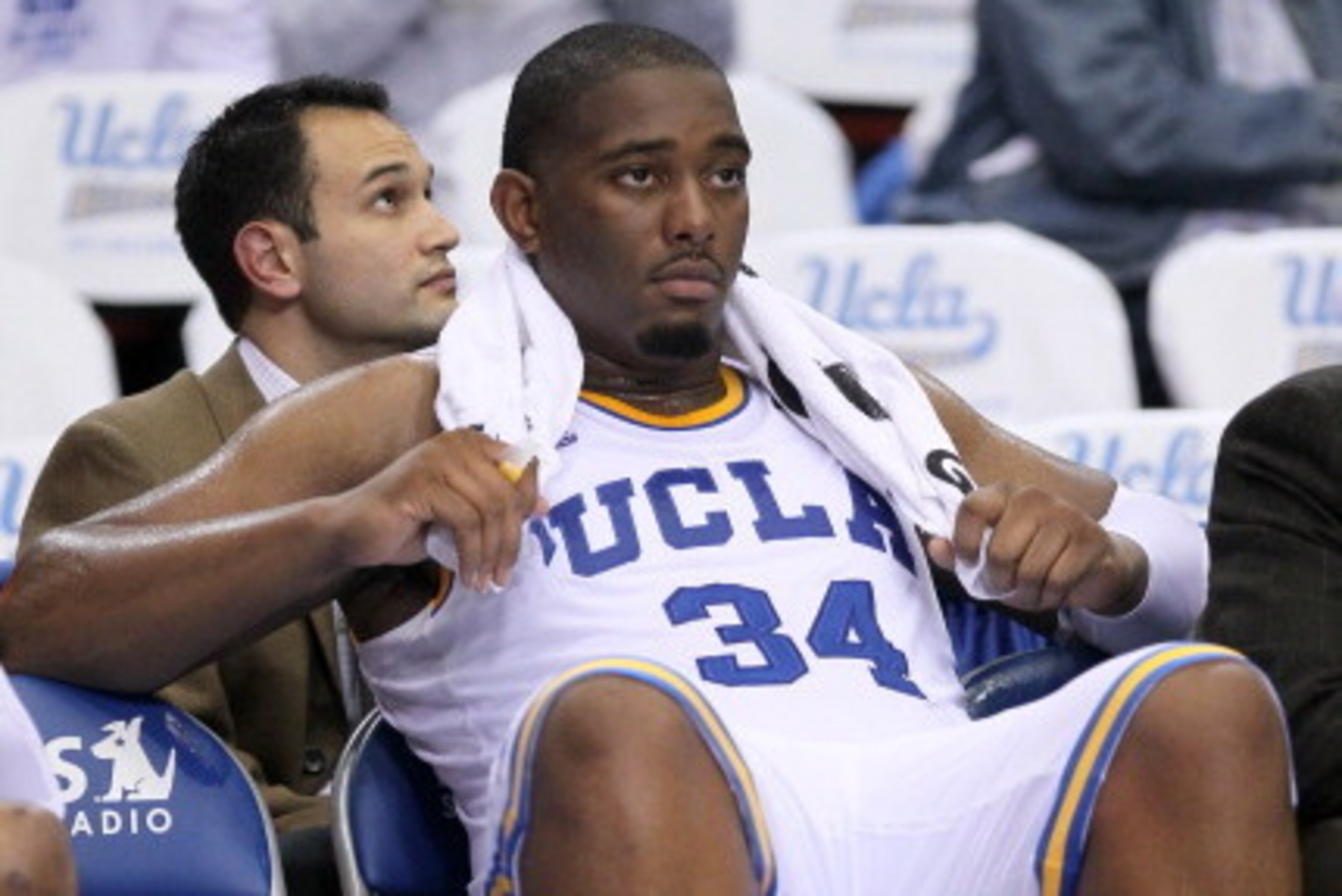 LOS ANGELES, CA - NOVEMBER 15:  Joshua Smith #34 of the UCLA Bruins sits on the bench late in the second half against the Middle Tennessee State Blue Raiders at LA Sports Arena on November 15, 2011 in Los Angeles, California.  Middle Tennessee State won 8