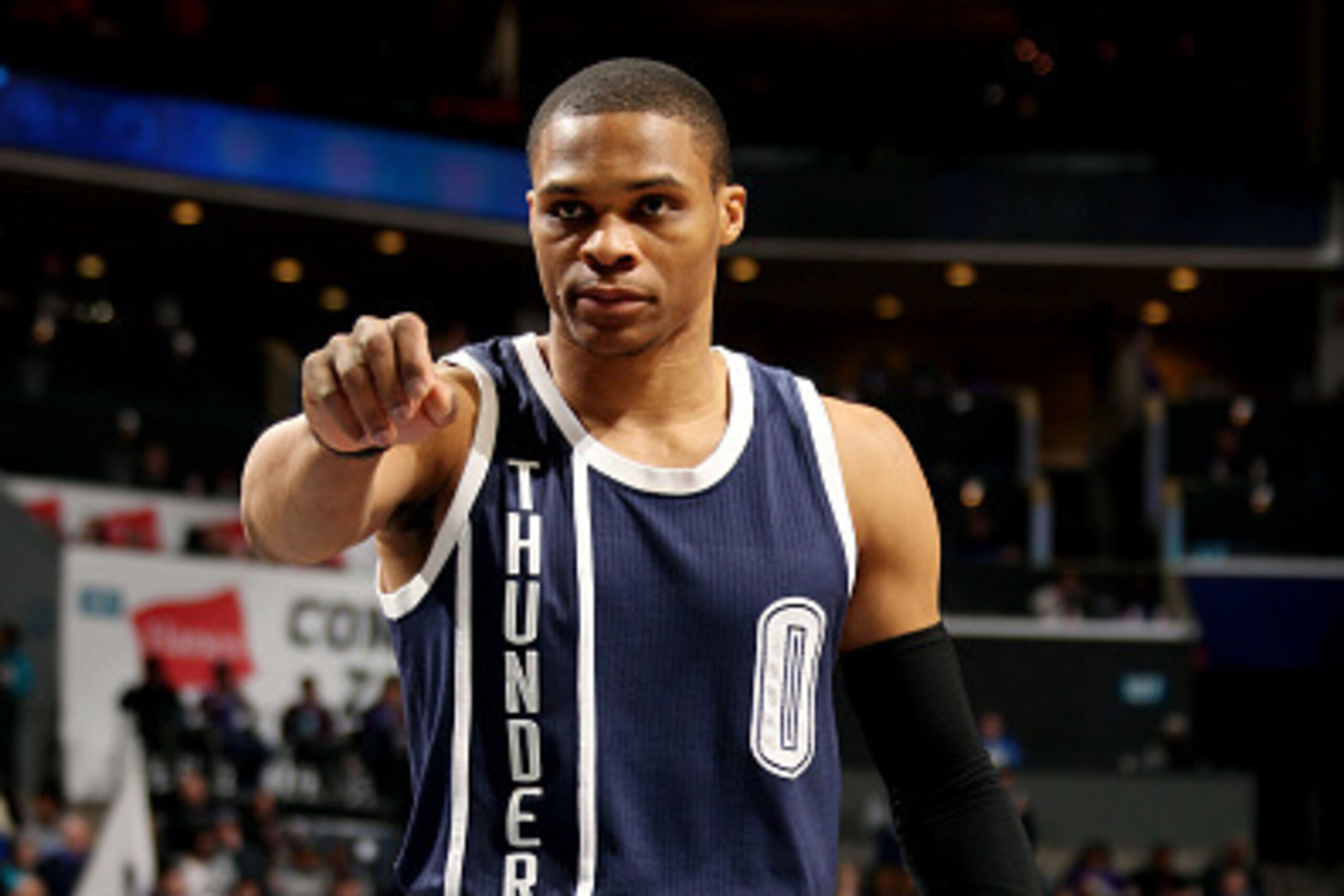 CHARLOTTE, NC - FEBRUARY 21:  Russell Westbrook #0 of the Oklahoma CIty Thunder stands on the court during a game against the Charlotte Hornets at the Time Warner Cable Arena on February 21, 2015 in Charlotte, North Carolina. NOTE TO USER: User expressly 