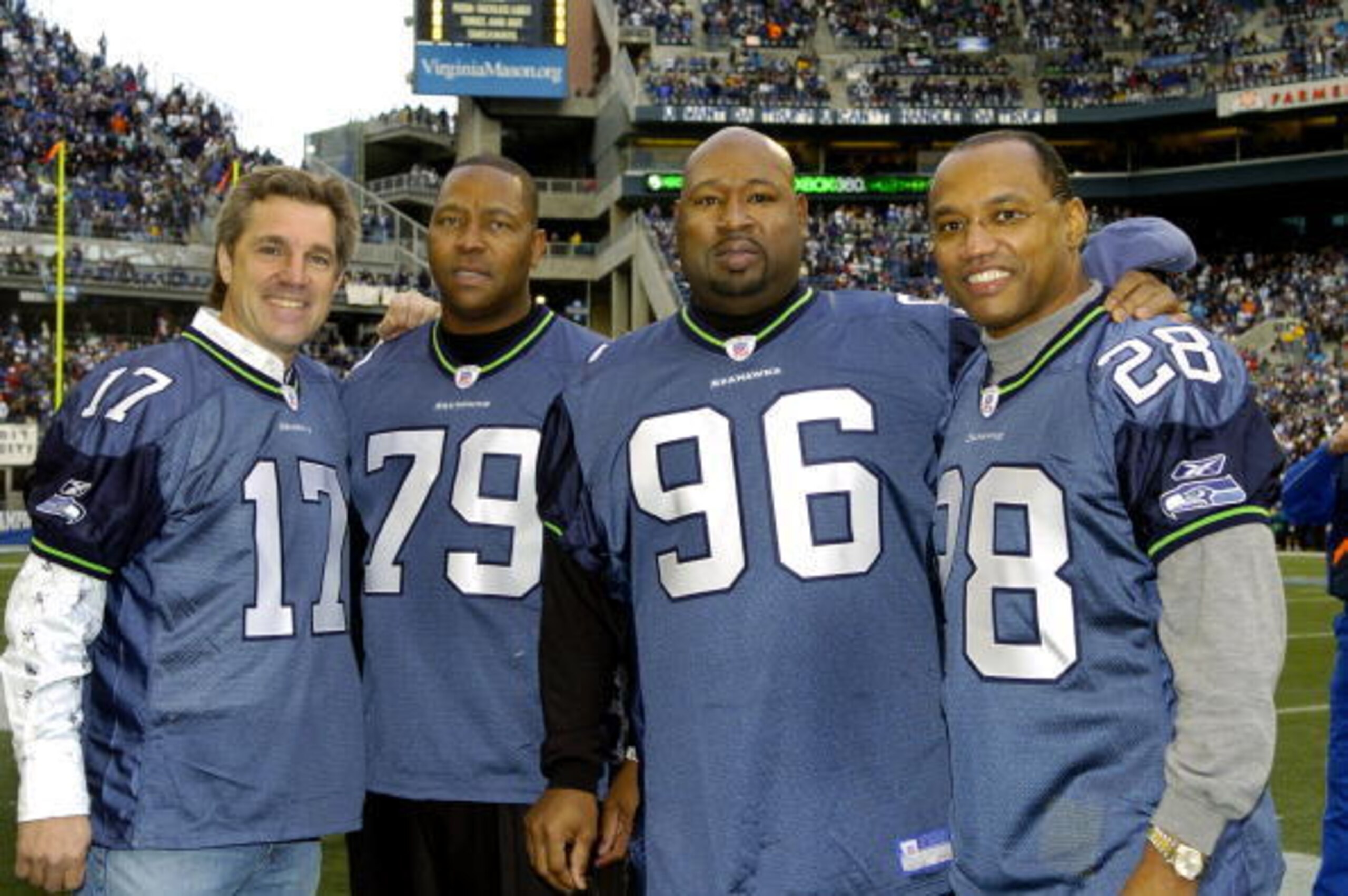 Seattle Seahawks old timers Dave Krieg (17), Jacob Green (79), Cortez Kennedy (96)  and Curt Warner  (28) before the NFC Championship game January 22, 2006 in Seattle.  (Photo by Al Messerschmidt/Getty Images)