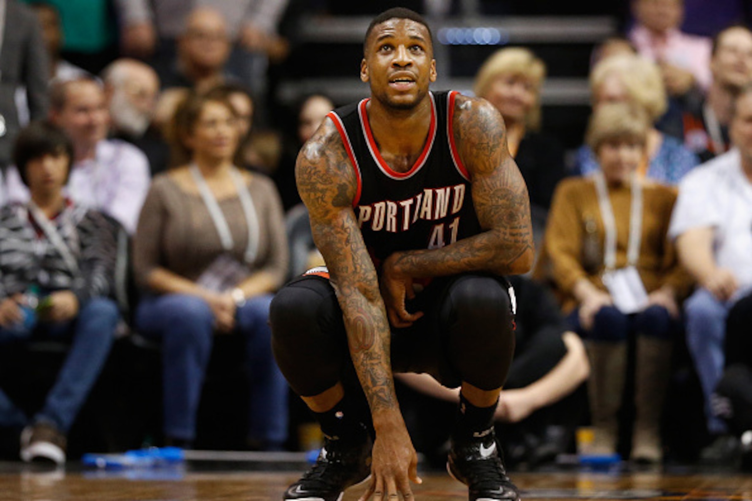 PHOENIX, AZ - JANUARY 21:  Thomas Robinson #41 of the Portland Trail Blazers reacts during the second half of the NBA game against the Phoenix Suns at US Airways Center on January 21, 2015 in Phoenix, Arizona. The Suns defeated the Trail Blazers 118-113. 