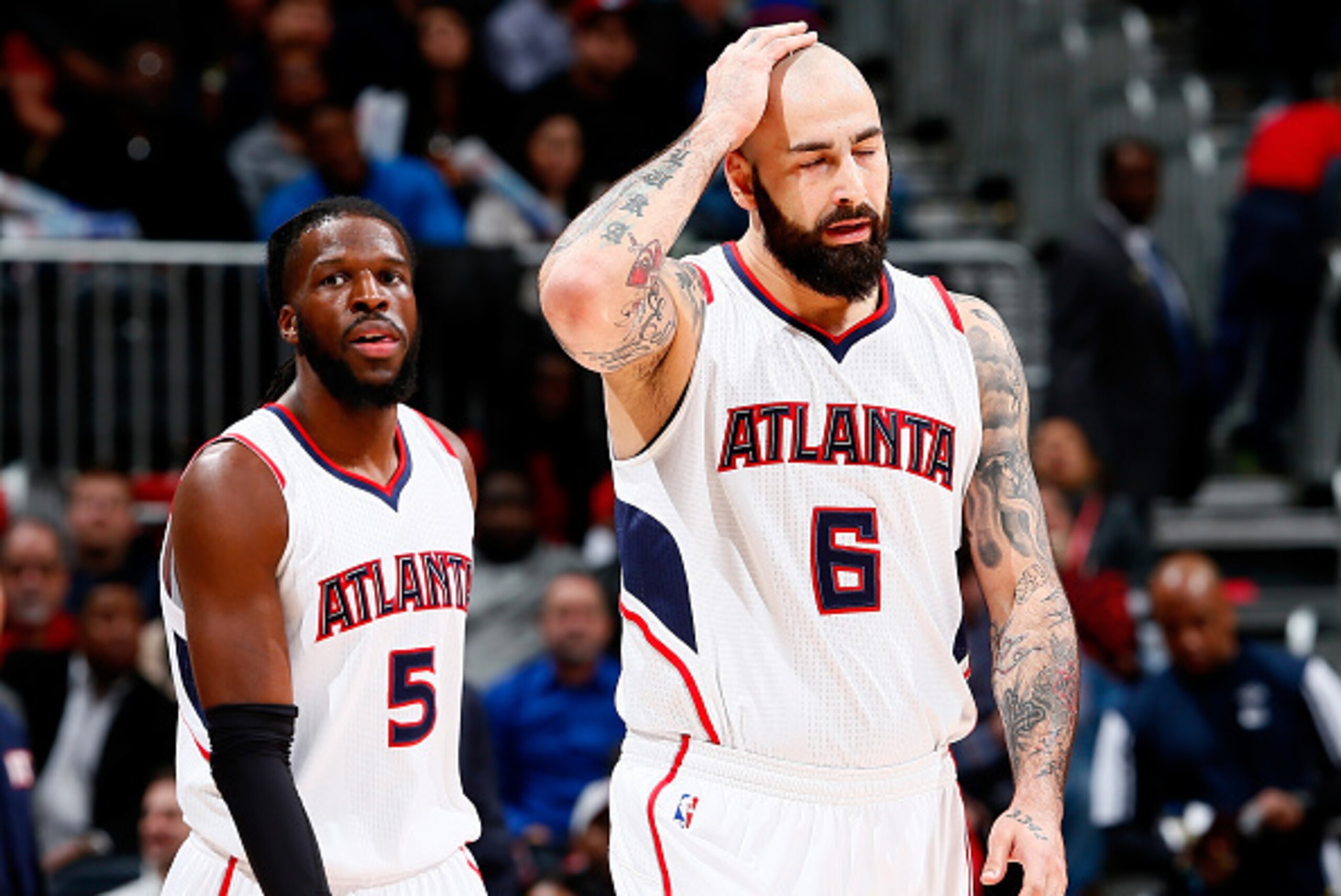 ATLANTA, GA - FEBRUARY 20:  Pero Antic #6 of the Atlanta Hawks reacts after being called for an offensive foul against the Toronto Raptors at Philips Arena on February 20, 2015 in Atlanta, Georgia.  NOTE TO USER: User expressly acknowledges and agrees tha