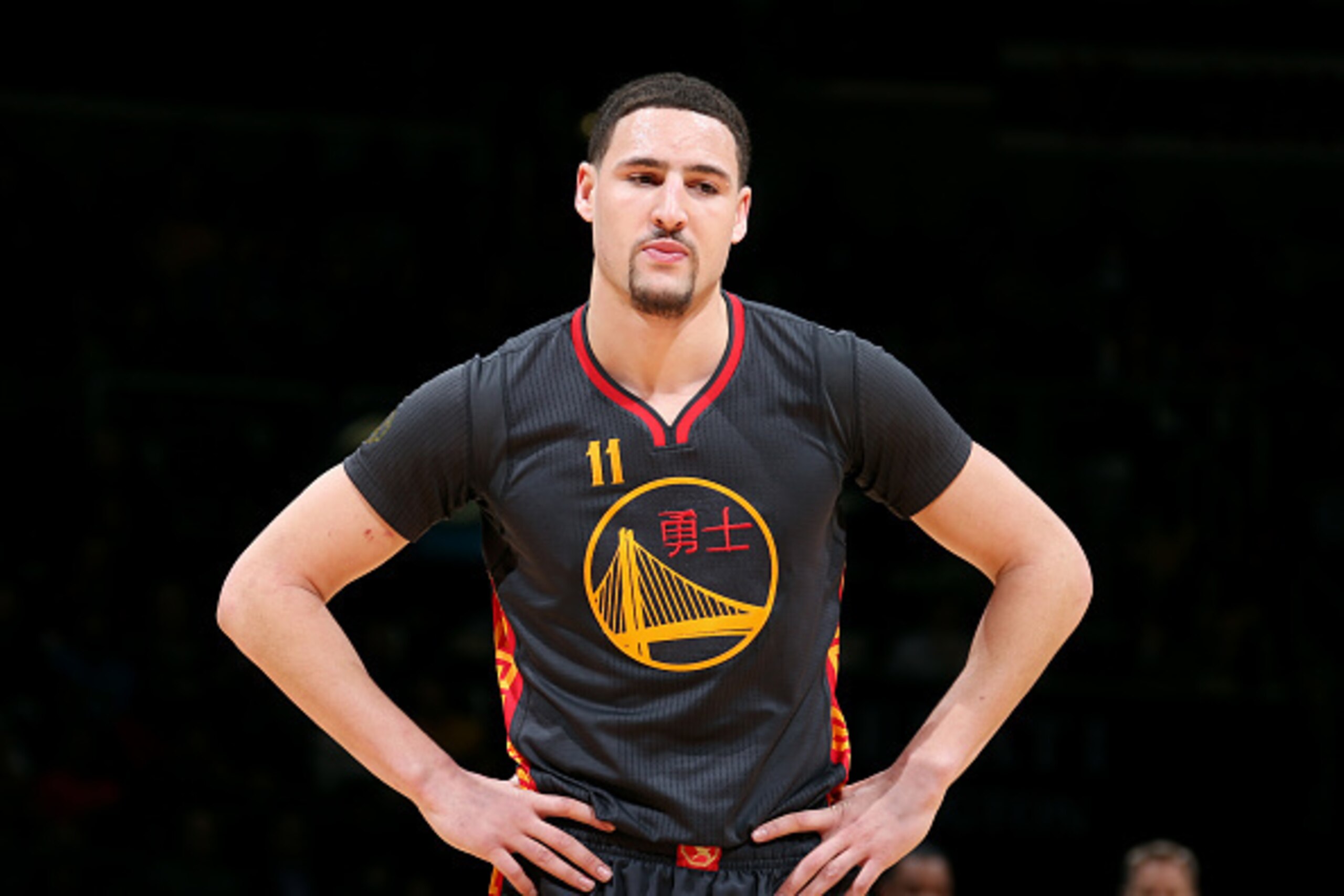 WASHINGTON, DC -  FEBRUARY 24: Klay Thompson #11 of the Golden State Warriors stands on the court during a game against the Washington Wizards on February 24, 2015 at Verizon Center in Washington, DC. NOTE TO USER: User expressly acknowledges and agrees t