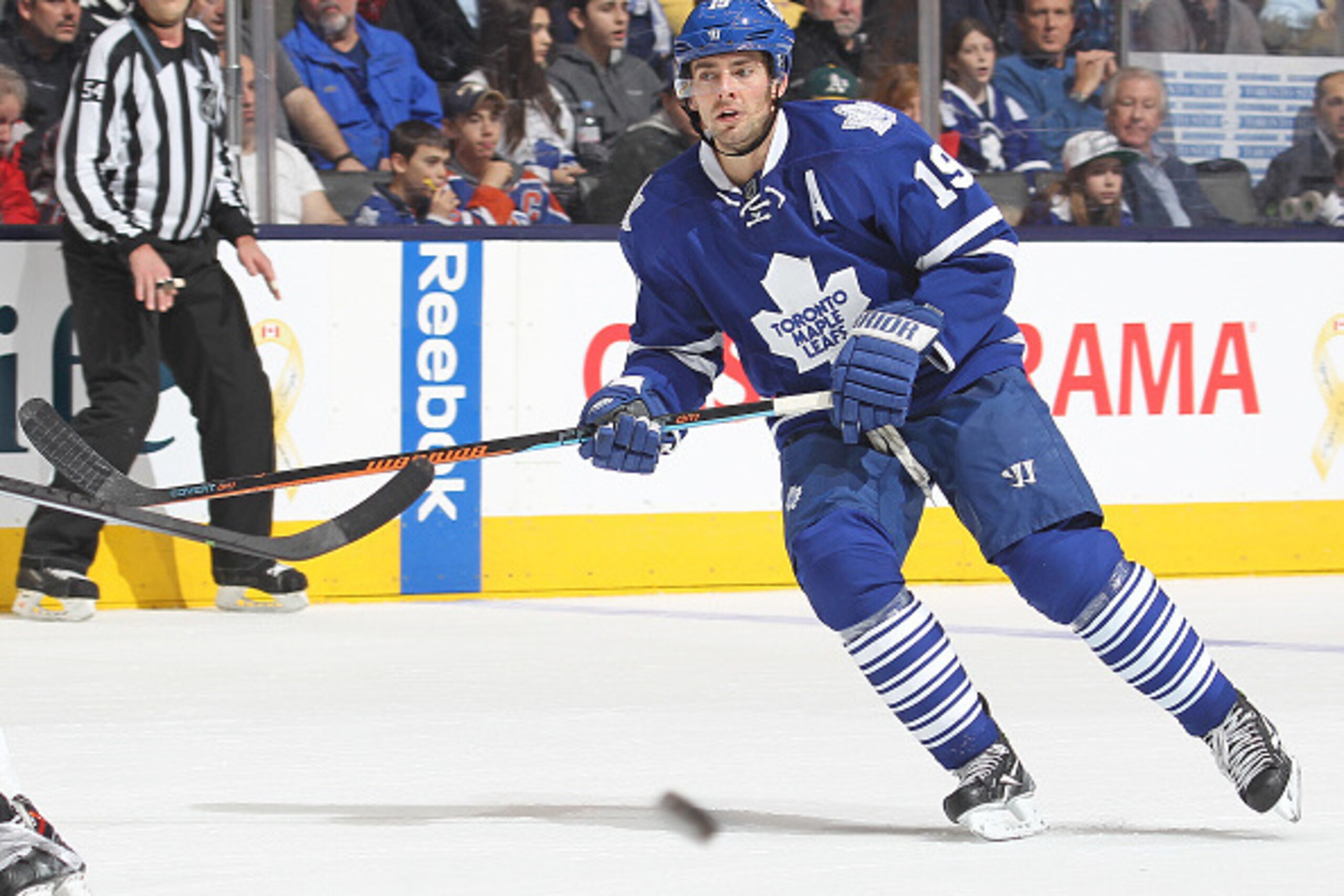TORONTO, ON - FEBRUARY 7:  Joffrey Lupul #19 of the Toronto Maple Leafs skates against the Edmonton Oilers during an NHL game at the Air Canada Centre on February 7, 2015 in Toronto, Ontario, Canada. The Leafs defeated the Oilers 5-1. (Photo by Claus Ande