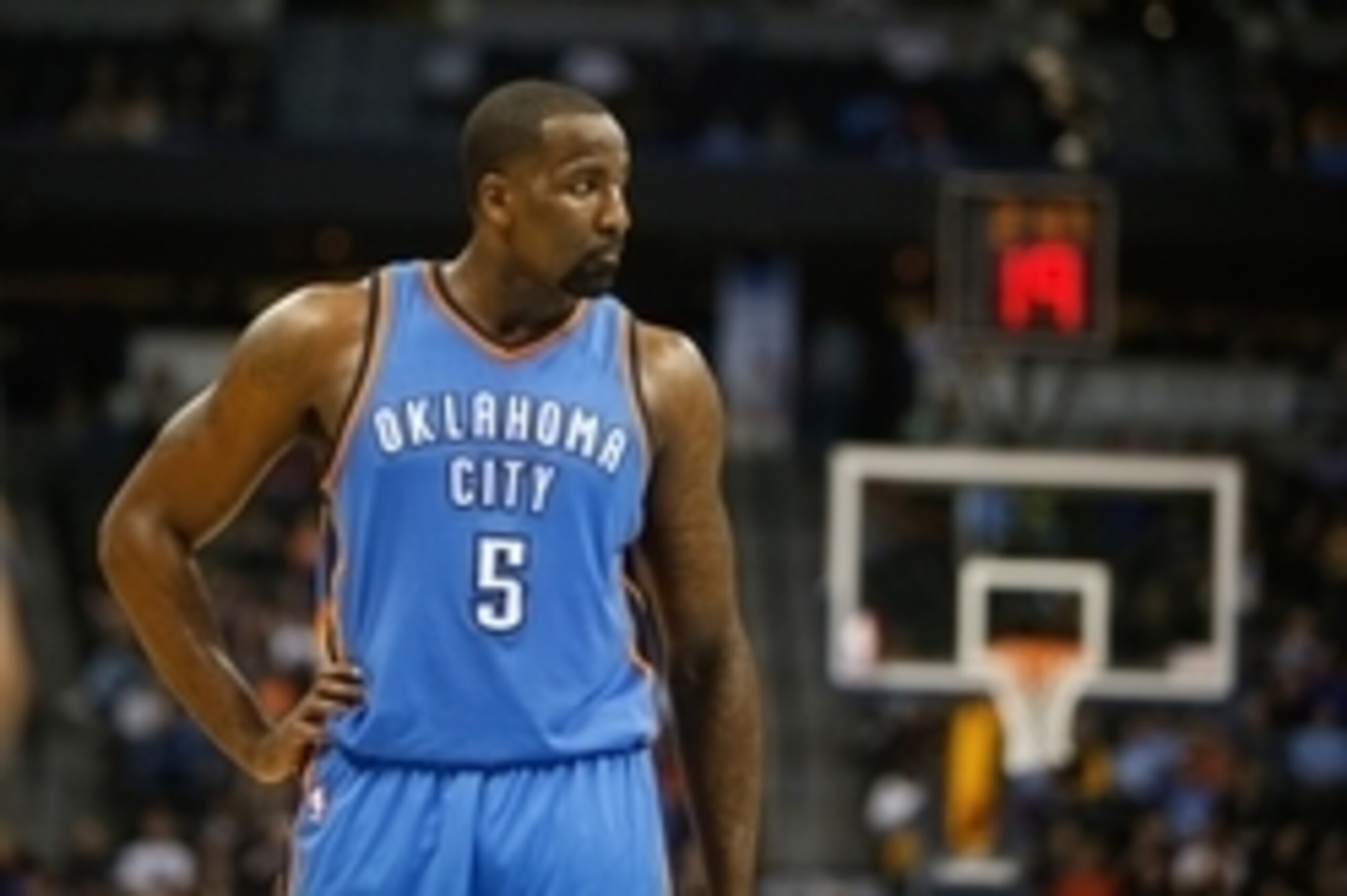 Feb 9, 2015; Denver, CO, USA; Oklahoma City Thunder center Kendrick Perkins (5) during the game against the Denver Nuggets at Pepsi Center. Mandatory Credit: Chris Humphreys-USA TODAY Sports