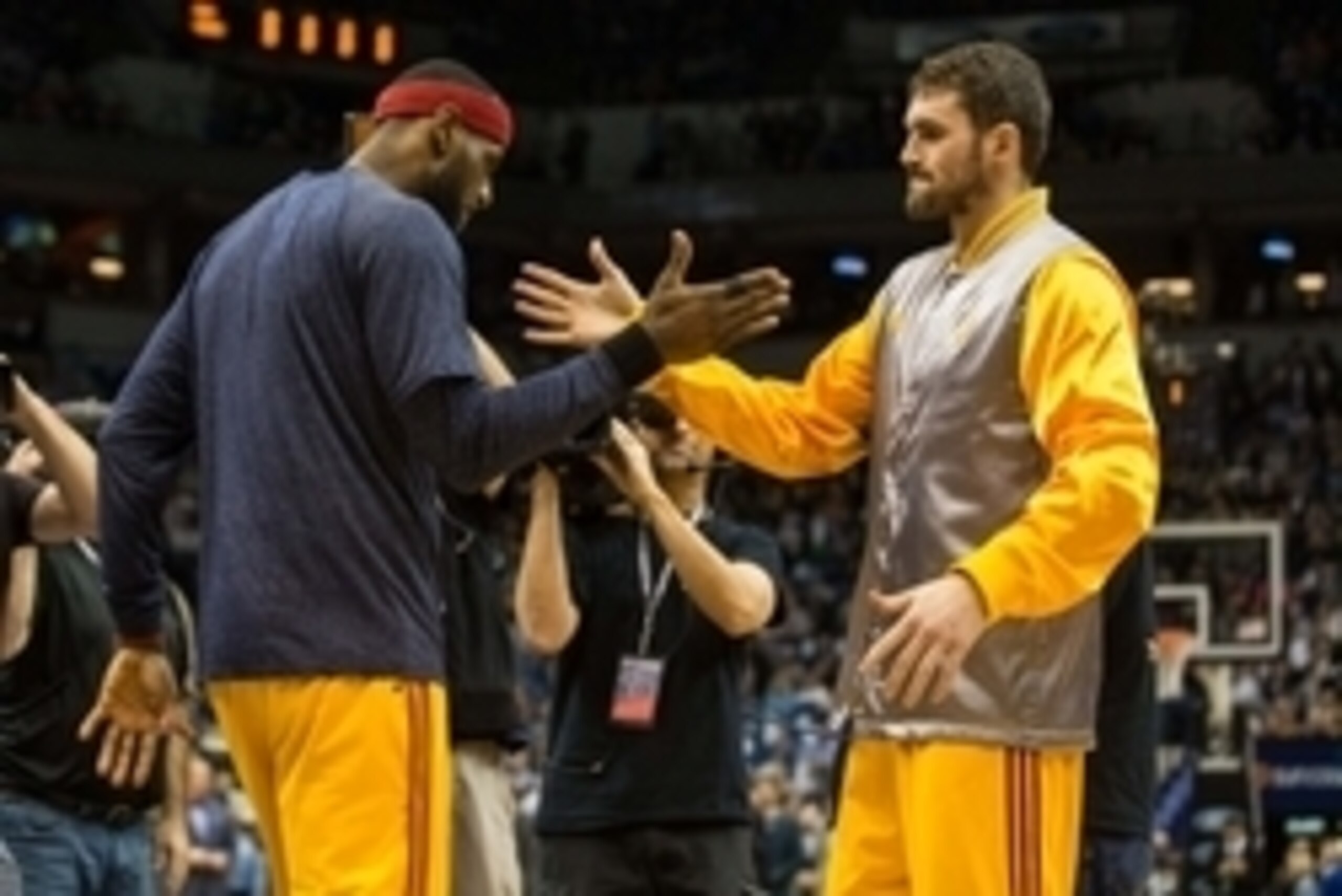 Jan 31, 2015; Minneapolis, MN, USA; Cleveland Cavaliers forward LeBron James (23) and forward Kevin Love (0) against the Minnesota Timberwolves at Target Center. The Cavaliers defeated the Timberwolves 106-90. Mandatory Credit: Brace Hemmelgarn-USA TODAY 