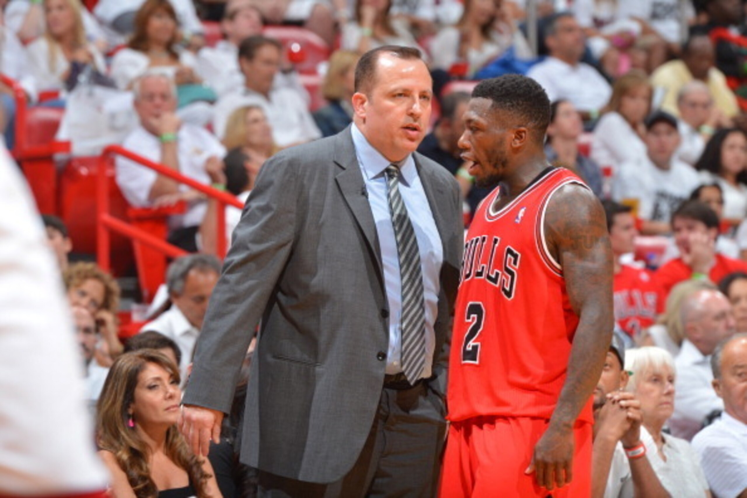 MIAMI, FL - MAY 15: Head Coach Tom Thibodeau and Nate Robinson #2 of the Chicago Bulls talk during the match up against the Miami Heat in Game Five of the Eastern Conference Semifinals during the 2013 NBA Playoffs on May 15, 2013 at American Airlines Aren