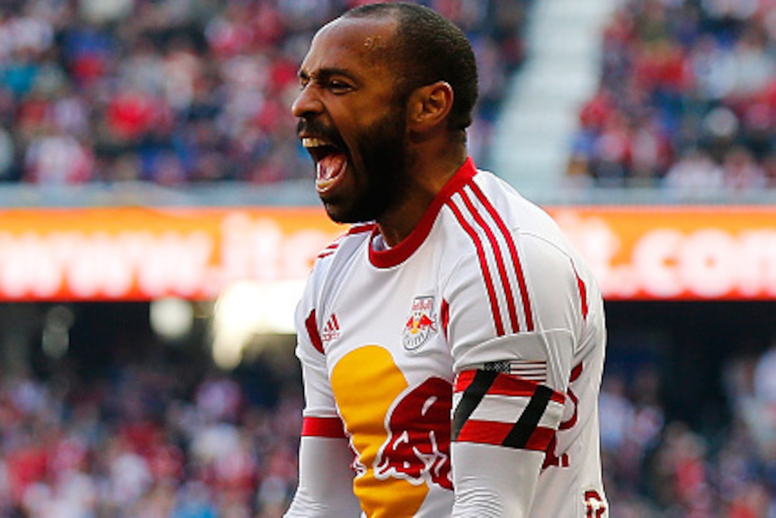 HARRISON, NJ - NOVEMBER 23:  Thierry Henry #14 of New York Red Bulls reacts during the game against the New England Revolution during the Eastern Conference Final - Leg 1 at Red Bull Arena on November 23, 2014 in Harrison, New Jersey.  (Photo by Mike Stob