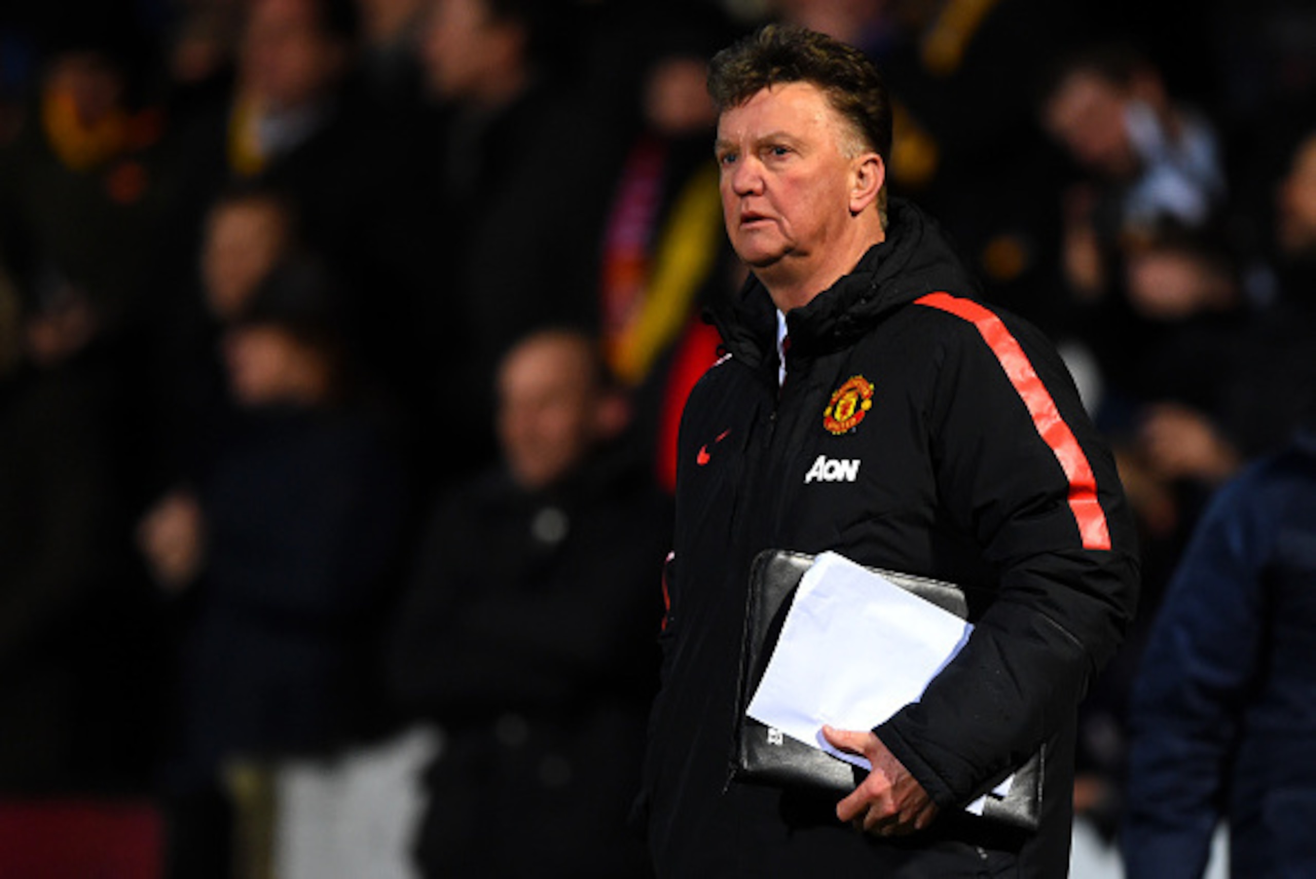CAMBRIDGE, ENGLAND - JANUARY 23:  Louis van Gaal, manager of Manchester United looks on after the FA Cup Fourth Round match between Cambridge United and Manchester United at The R Costings Abbey Stadium on January 23, 2015 in Cambridge, England.  (Photo b