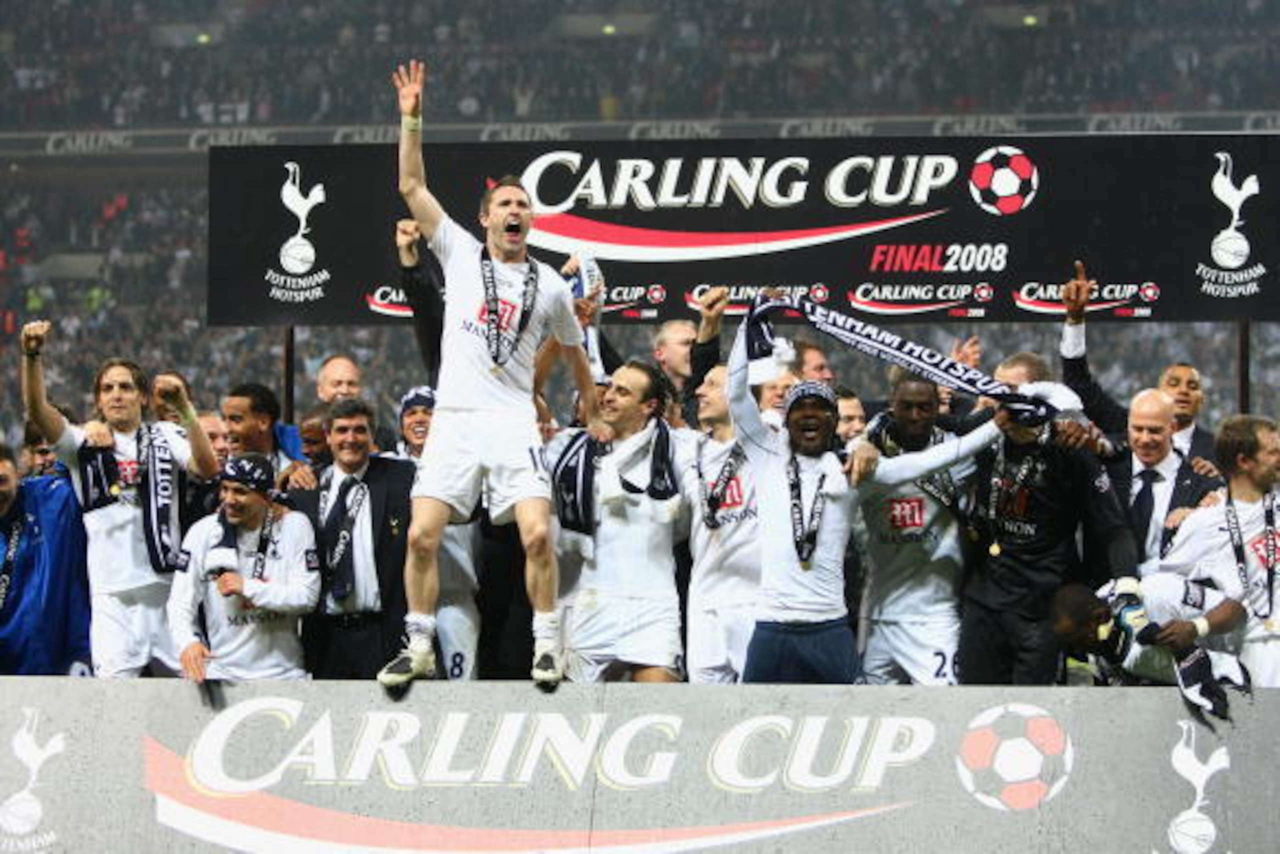 LONDON - FEBRUARY 24:  Robbie Keane of Tottenham Hotspur leads the celebrations following victory during the Carling Cup Final between Tottenham Hotspur and Chelsea at Wembley Stadium on February 24, 2008 in London, England. Tottenham Hotspur won 2-1 afte