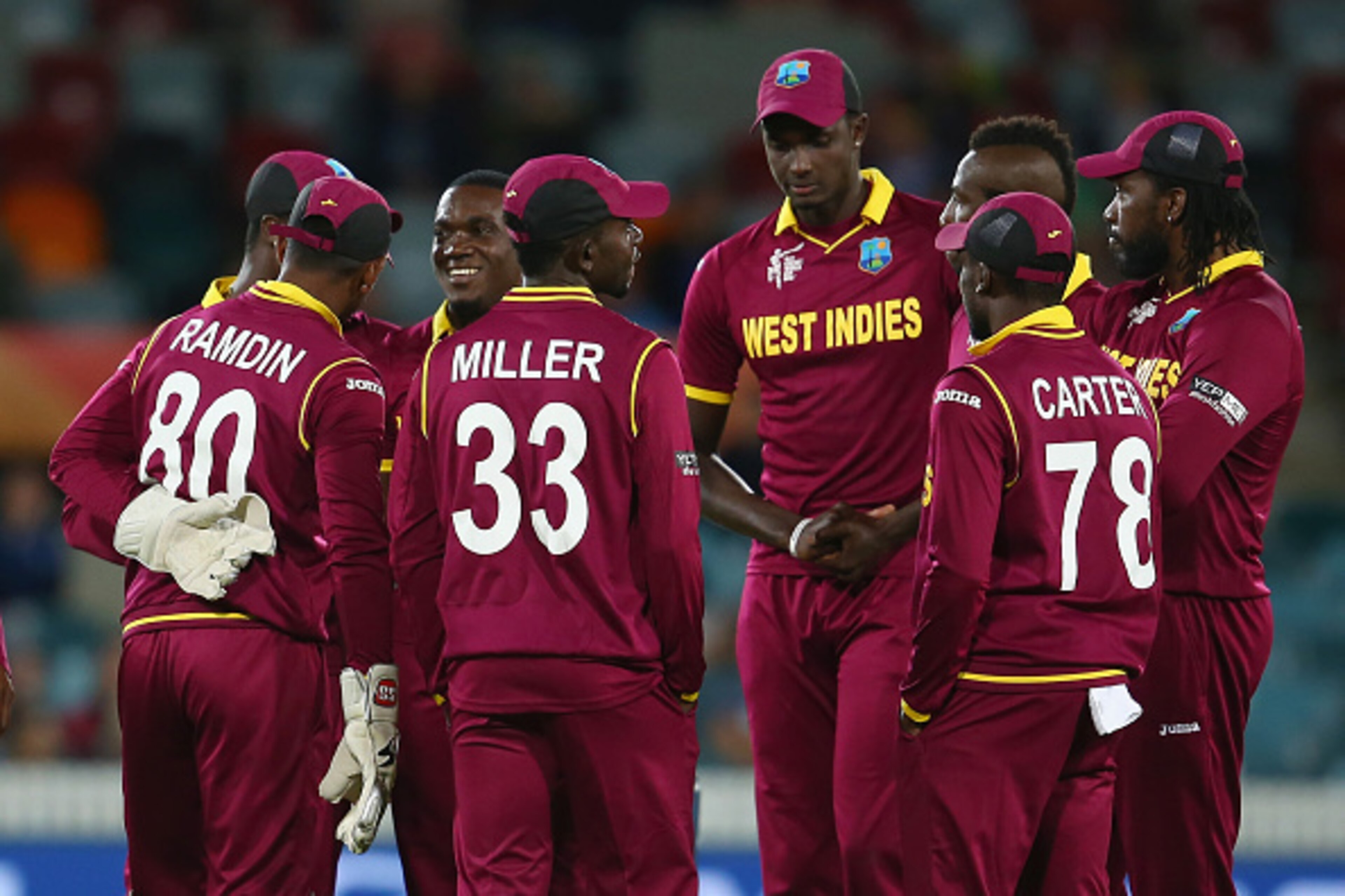 CANBERRA, AUSTRALIA - FEBRUARY 24: Jerome Taylor of West Indies celebrates with his team after taking the wicket of Tinashe Panyangara of Zimbabwe during the 2015 ICC Cricket World Cup match between the West Indies and Zimbabwe at Manuka Oval on February CANBERRA, AUSTRALIA - FEBRUARY 24: Jerome Taylor of West Indies celebrates with his team after taking the wicket of Tinashe Panyangara of Zimbabwe during the 2015 ICC Cricket World Cup match between the West Indies and Zimbabwe at Manuka Oval on February