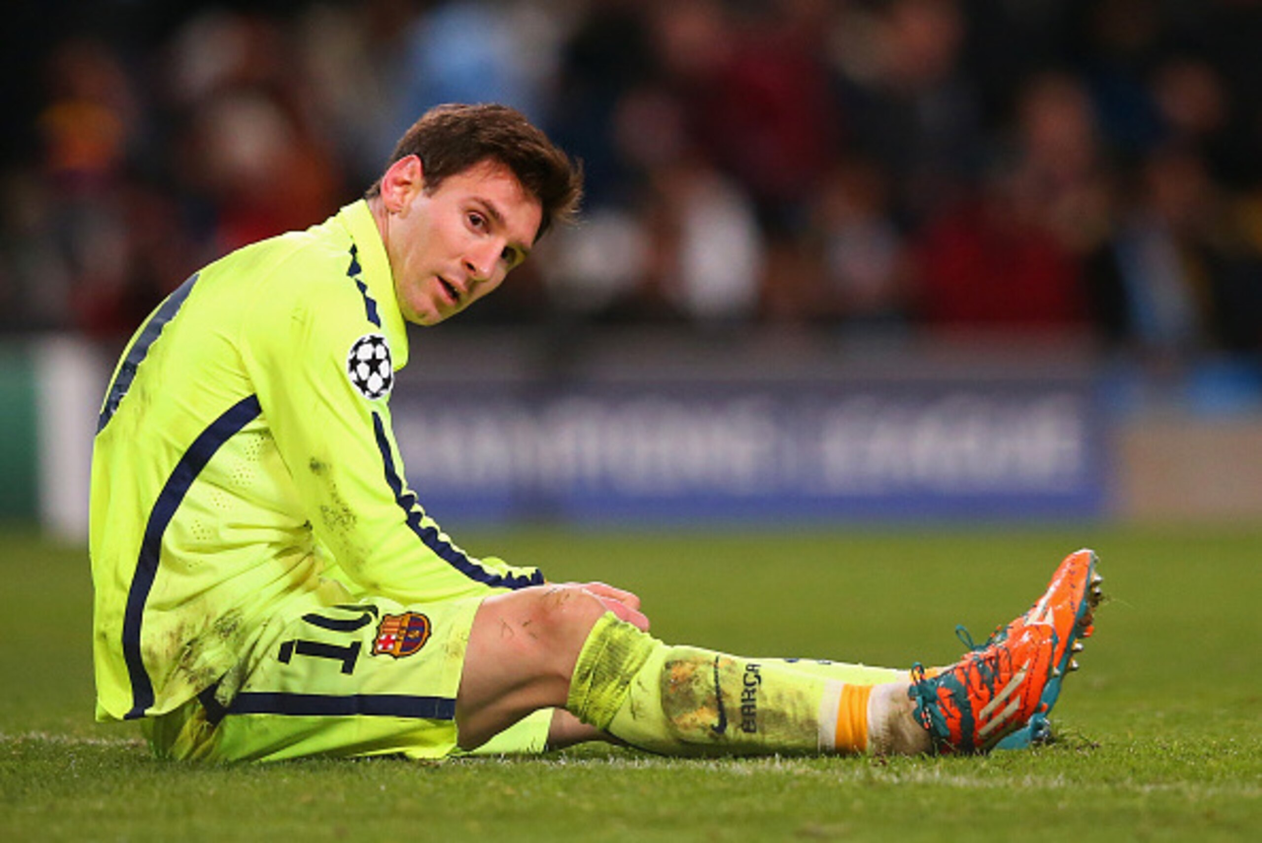 MANCHESTER, ENGLAND - FEBRUARY 24: Lionel Messi of Barcelona lies on the pitch after his penalty iwas saved by Joe Hart of Manchester City during the UEFA Champions League Round of 16 match between Manchester City and Barcelona at Etihad Stadium on Febru MANCHESTER, ENGLAND - FEBRUARY 24: Lionel Messi of Barcelona lies on the pitch after his penalty iwas saved by Joe Hart of Manchester City during the UEFA Champions League Round of 16 match between Manchester City and Barcelona at Etihad Stadium on Febru