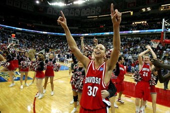 RALEIGH, NC - MARCH 21:  Stephen Curry #30 of the Davidson Wildcats celebrates after a 82-76 victory over the Gonzaga Bulldogs during the 1st round of the 2008 NCAA Men's Basketball Tournament on March 21, 2008 at RBC Center in Raleigh, North Carolina.  (