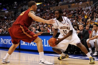 LOS ANGELES, CA - MARCH 14:  Guard James Harden #13 of the Arizona State Sun Devils drives against guard Daniel Hackett #13 of the USC Trojans in the Pacific Life Pac-10 Men's Basketball Tournament Championship Game at the Staples Center on March 14, 2009