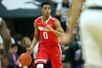 Feb 14, 2015; East Lansing, MI, USA;  Ohio State Buckeyes guard D'Angelo Russell (0) brings the ball up court during the 1st half of a game at the Jack Breslin Student Events Center. Mandatory Credit: Mike Carter-USA TODAY Sports