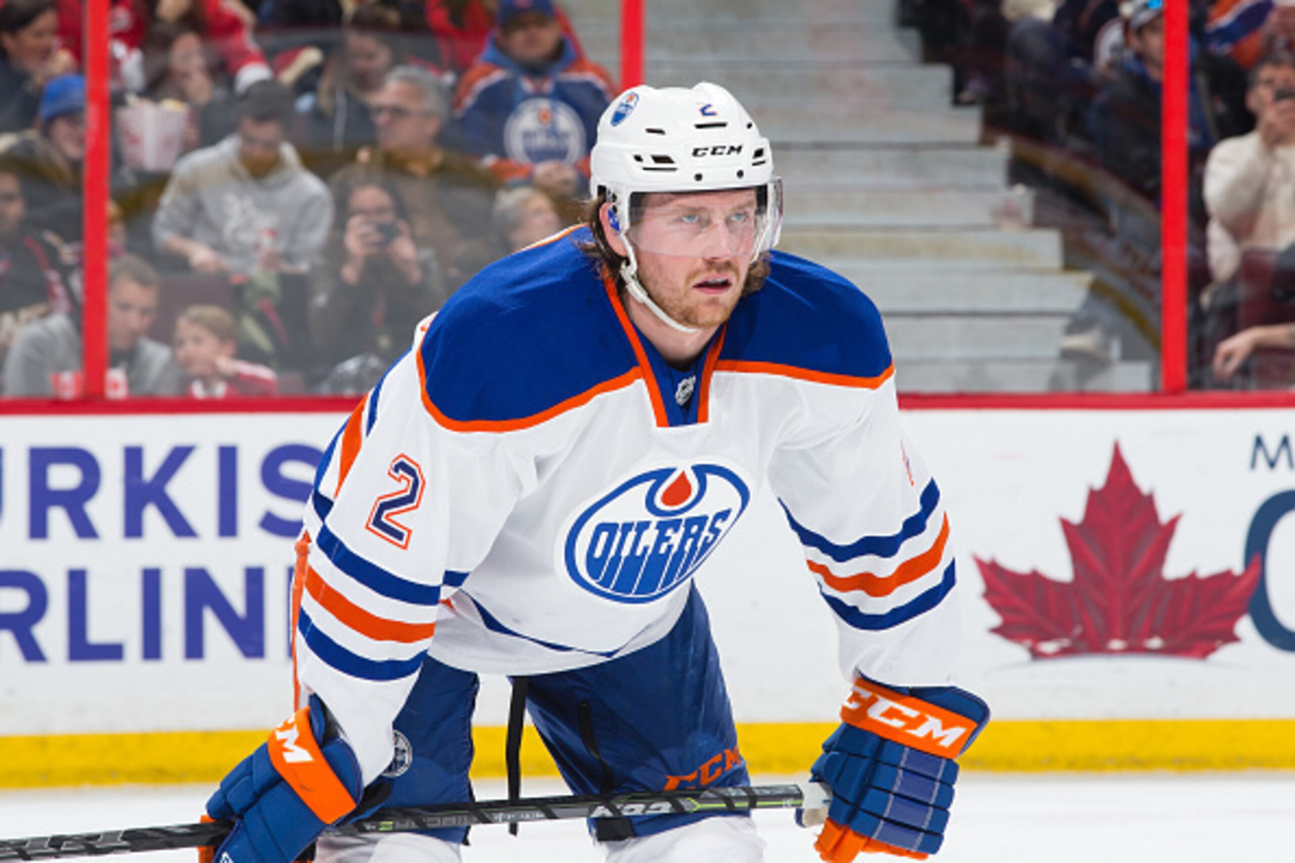 OTTAWA, ON - FEBRUARY 14: Jeff Petry #2 of the Edmonton Oilers prepares for a faceoff against the Ottawa Senators at Canadian Tire Centre on February 14, 2015 in Ottawa, Ontario, Canada.  (Photo by Jana Chytilova/Freestyle Photography/Getty Images)