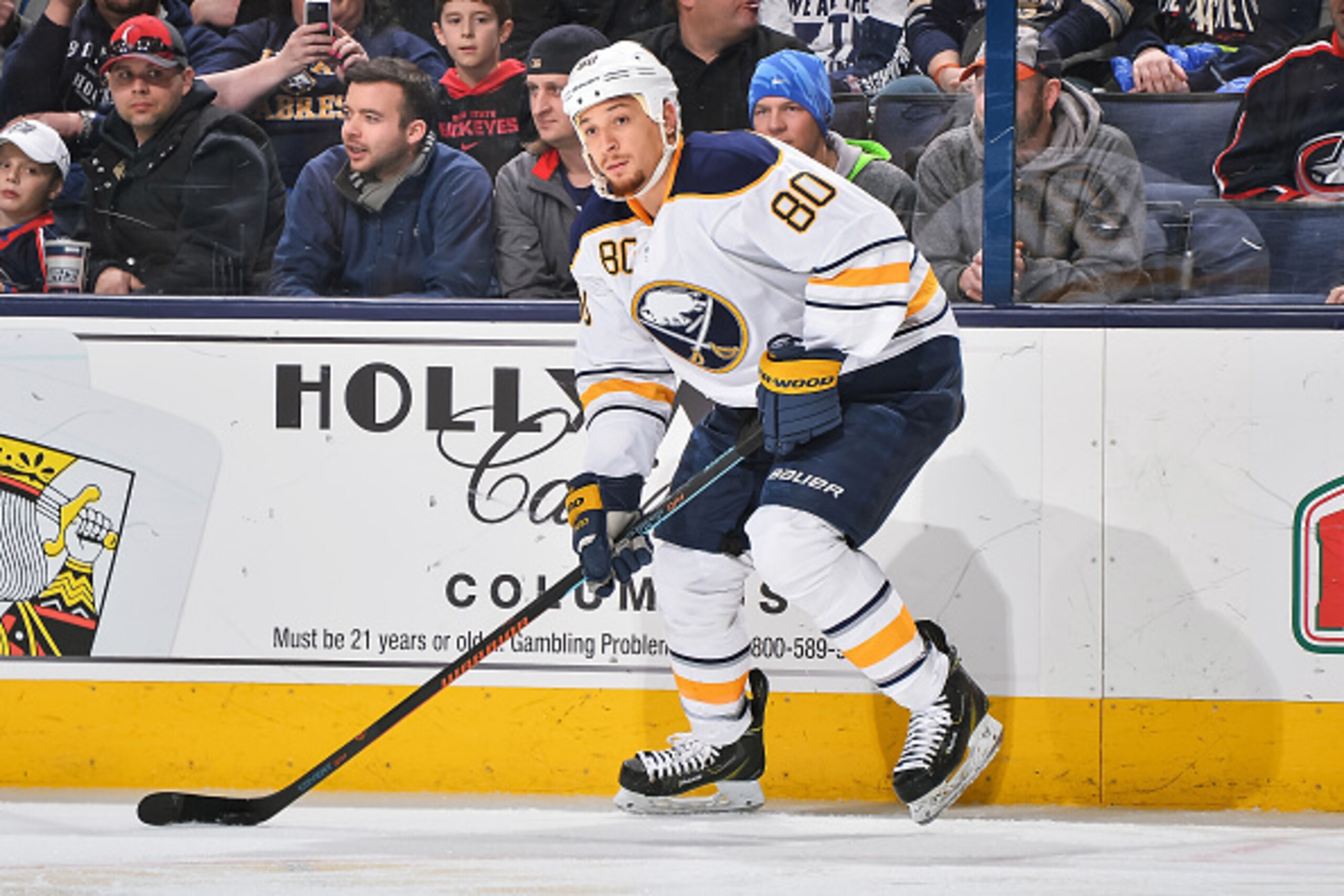 COLUMBUS, OH - FEBRUARY 24:   Chris Stewart #80 of the Buffalo Sabres skates against the Columbus Blue Jackets on February 24, 2015 at Nationwide Arena in Columbus, Ohio.  (Photo by Jamie Sabau/NHLI via Getty Images)