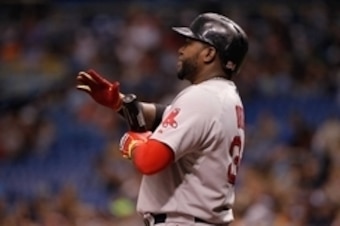 Jul 26, 2014; St. Petersburg, FL, USA; Boston Red Sox designated hitter David Ortiz (34) at bat against the Tampa Bay Rays at Tropicana Field. Mandatory Credit: Kim Klement-USA TODAY Sports