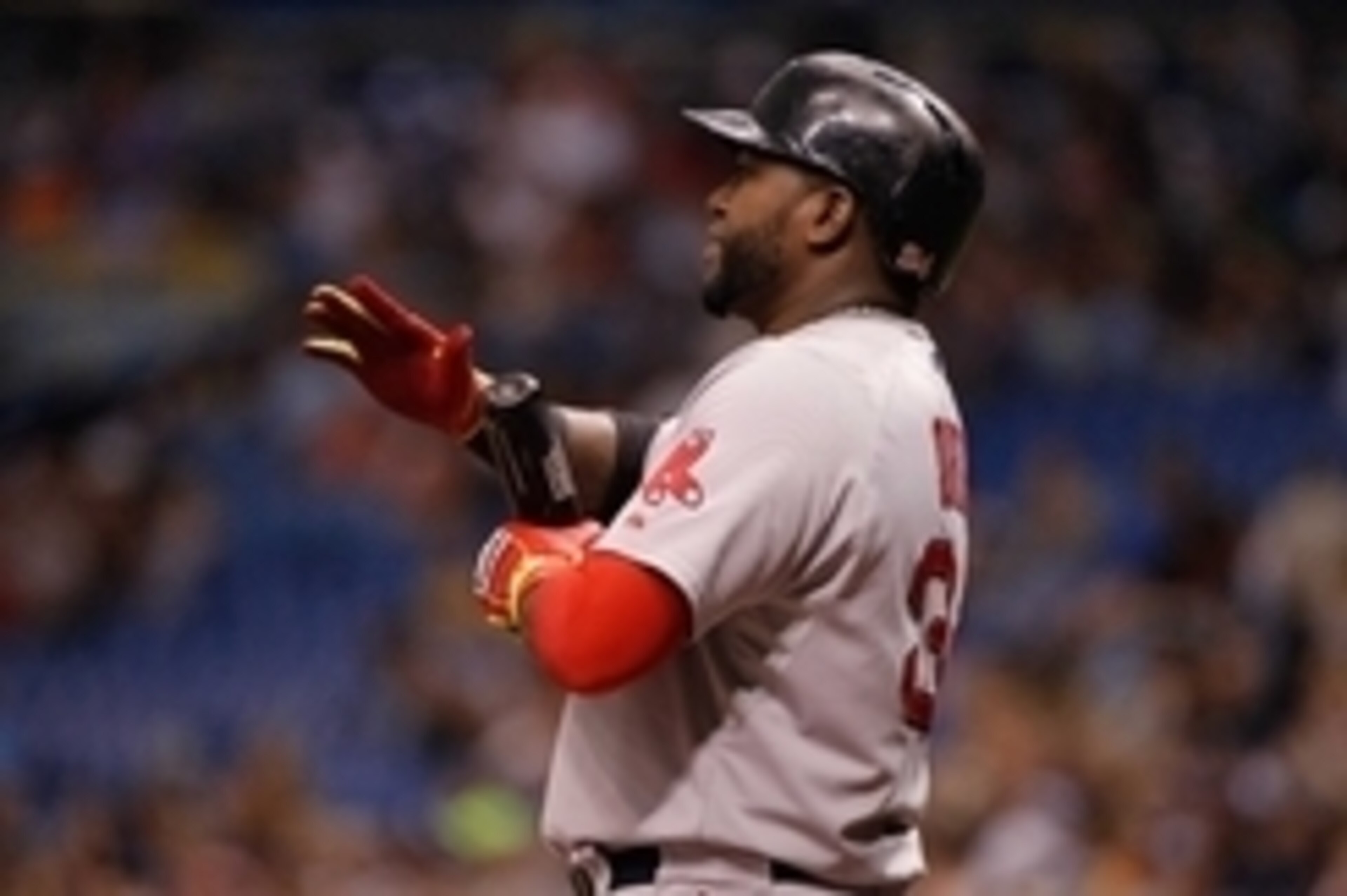 Jul 26, 2014; St. Petersburg, FL, USA; Boston Red Sox designated hitter David Ortiz (34) at bat against the Tampa Bay Rays at Tropicana Field. Mandatory Credit: Kim Klement-USA TODAY Sports
