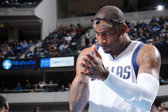 DALLAS, TX - FEBRUARY 22: Amar'e Stoudemire #1 of the Dallas Mavericks stands on the court during a game against the Charlotte Hornets on February 22, 2015 at the American Airlines Center in Dallas, Texas. NOTE TO USER: User expressly acknowledges and agr