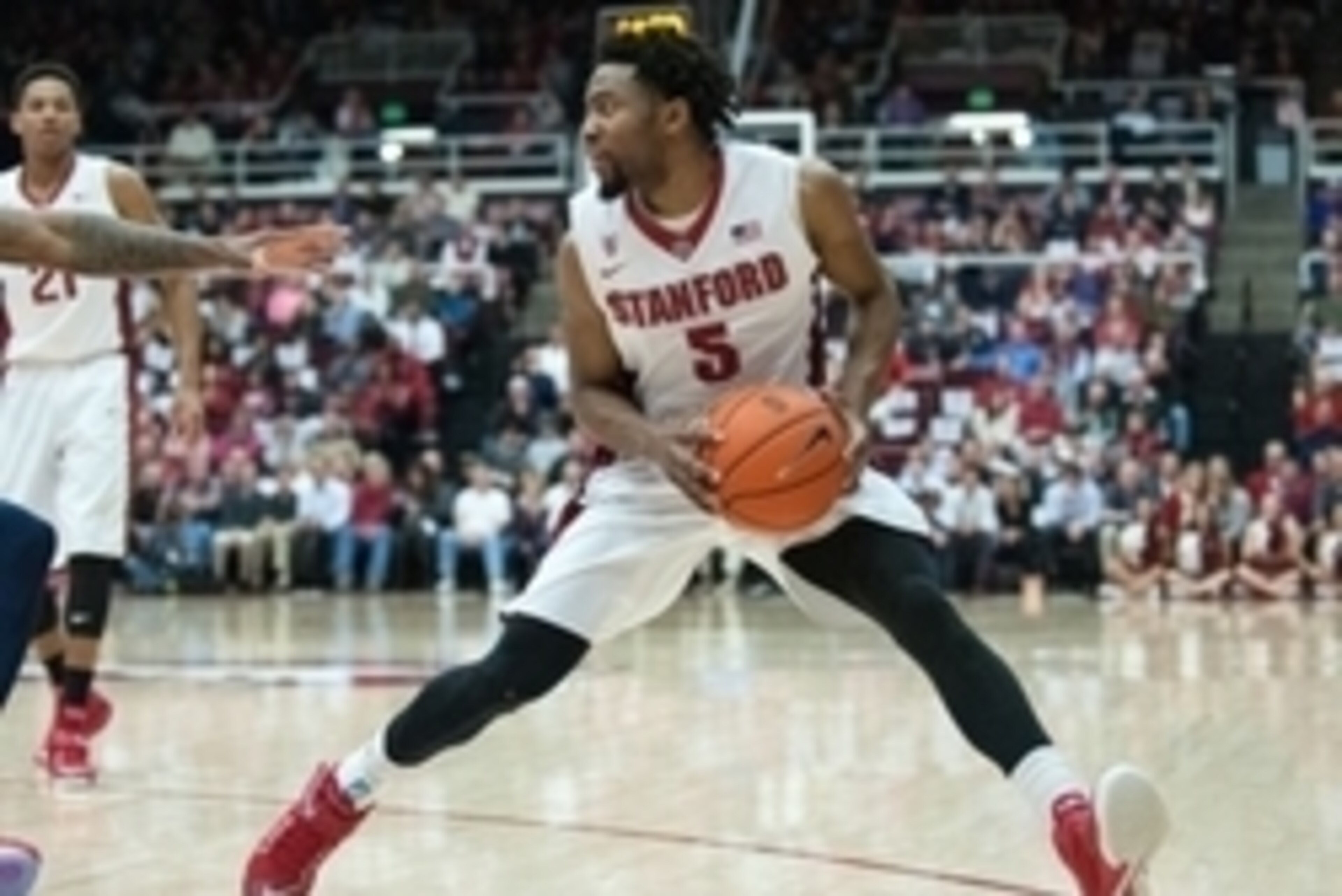 Jan 22, 2015; Stanford, CA, USA; Stanford Cardinal guard Chasson Randle (5) steps out for a shot against the Arizona Wildcats during the first half at Maples Pavilion. The Arizona Wildcats defeated the Stanford Cardinal 89-82. Mandatory Credit: Ed Szczepa