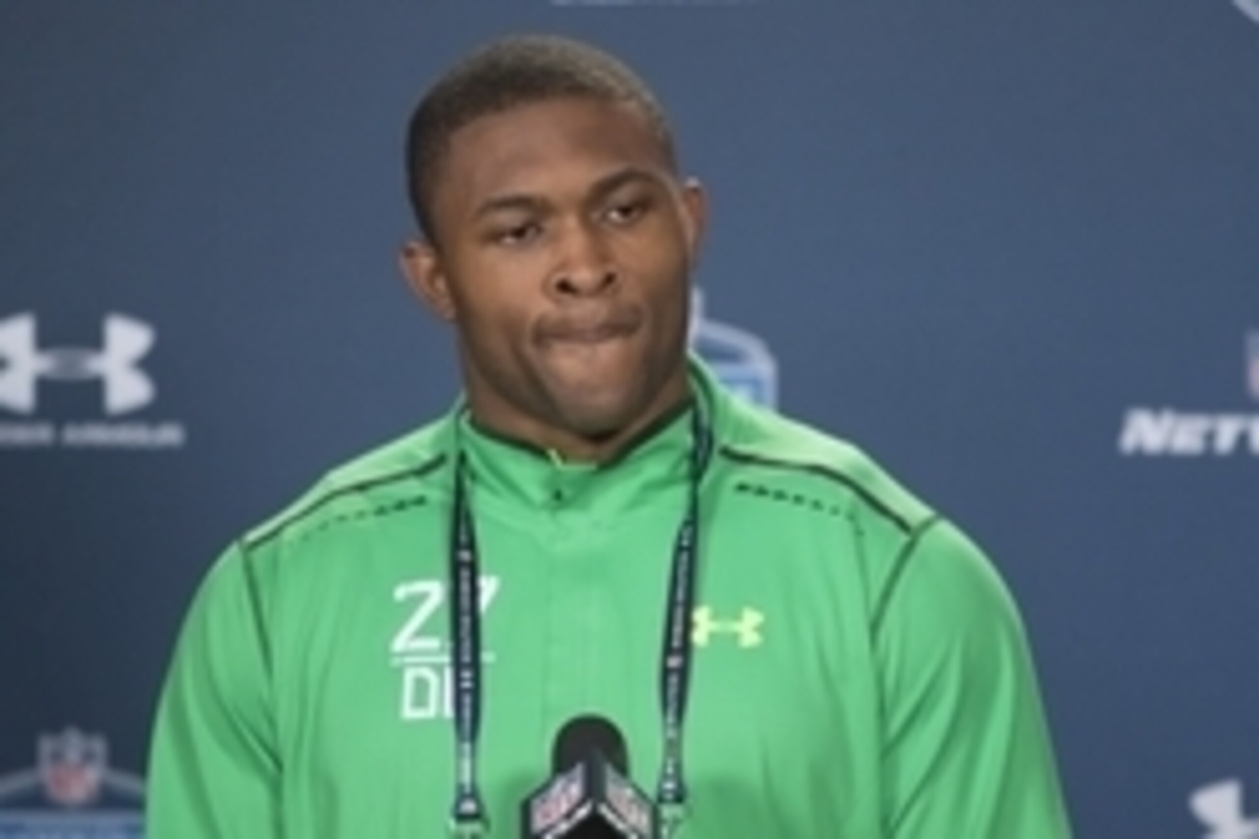 Feb 21, 2015; Indianapolis, IN, USA;  LSU defensive lineman Danielle Hunter to the media at the 2015 NFL Combine at Lucas Oil Stadium. Mandatory Credit: Trevor Ruszkowski-USA TODAY Sports