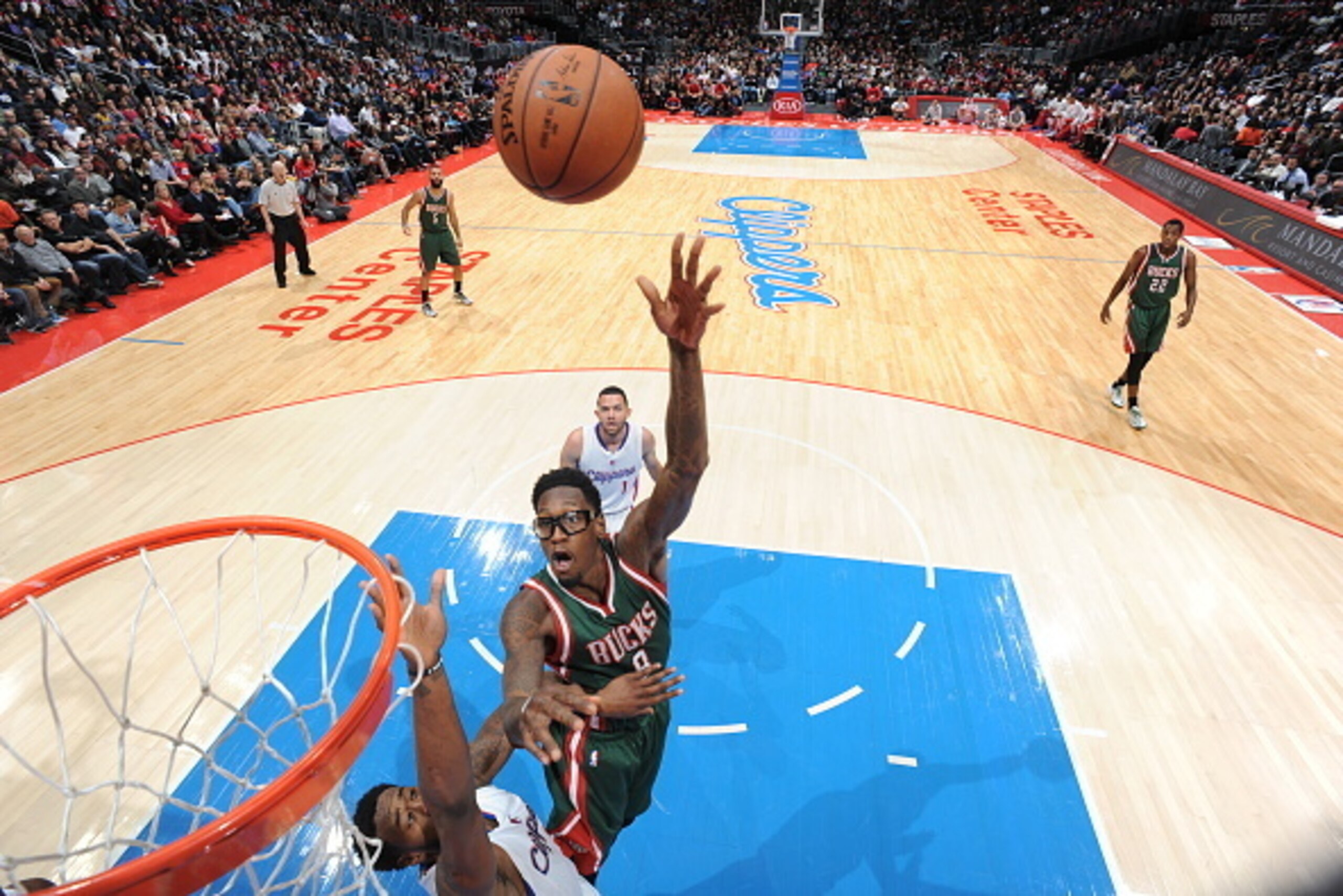 LOS ANGELES, CA - DECEMBER 20:  Larry Sanders #8 of the Milwaukee Bucks goes to the basket against the Los Angeles Clippers on December 20, 2014 at Staples Center in Los Angeles, California. NOTE TO USER: User expressly acknowledges and agrees that, by do