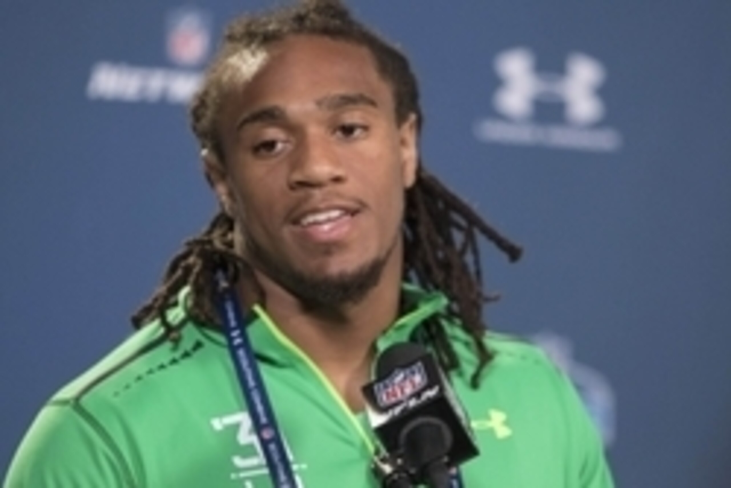 Feb 21, 2015; Indianapolis, IN, USA;  Washington linebacker Shaq Thompson talks to the media at the 2015 NFL Combine at Lucas Oil Stadium. Mandatory Credit: Trevor Ruszkowski-USA TODAY Sports