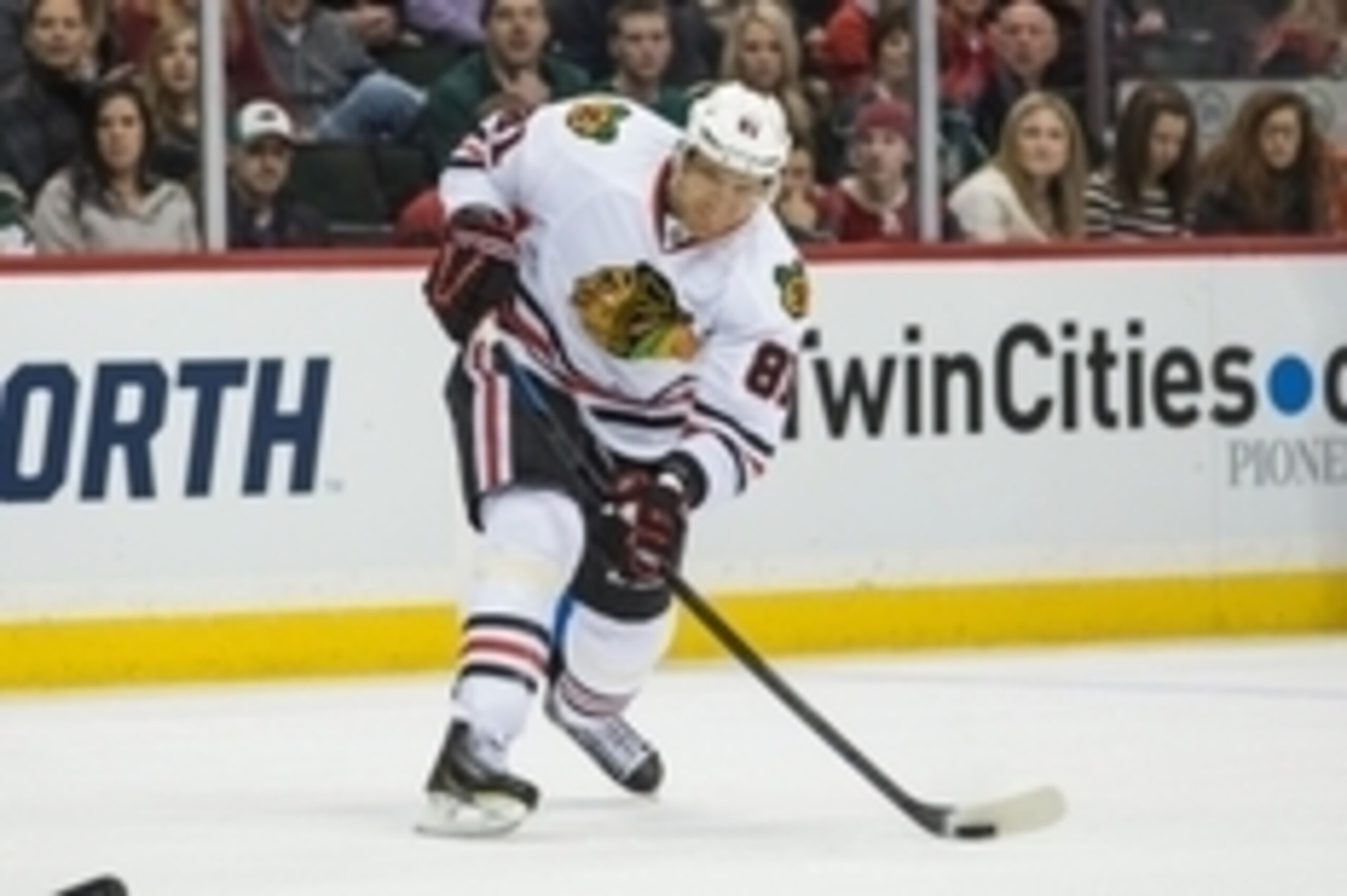 Feb 3, 2015; Saint Paul, MN, USA; Chicago Blackhawks forward Marian Hossa (81) against the Minnesota Wild at Xcel Energy Center. The Wild defeated the Blackhawks 3-0. Mandatory Credit: Brace Hemmelgarn-USA TODAY Sports