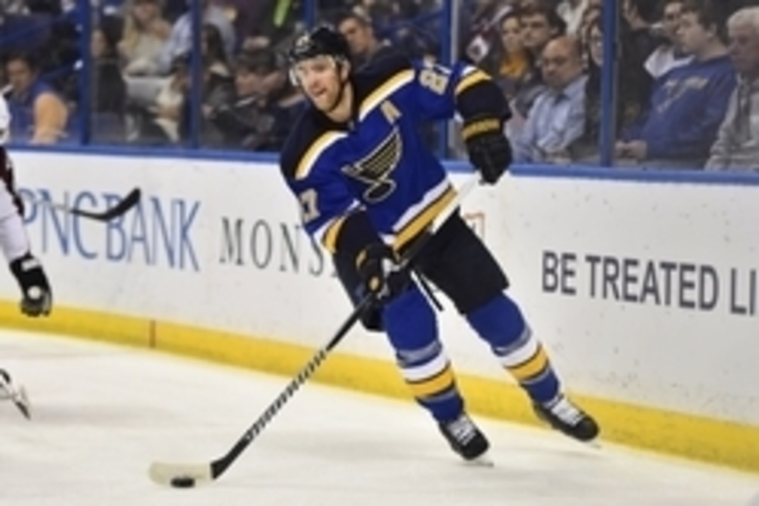 Jan 19, 2015; St. Louis, MO, USA; St. Louis Blues defenseman Alex Pietrangelo (27) controls the puck against the Colorado Avalanche during the first period at Scottrade Center. Mandatory Credit: Jasen Vinlove-USA TODAY Sports