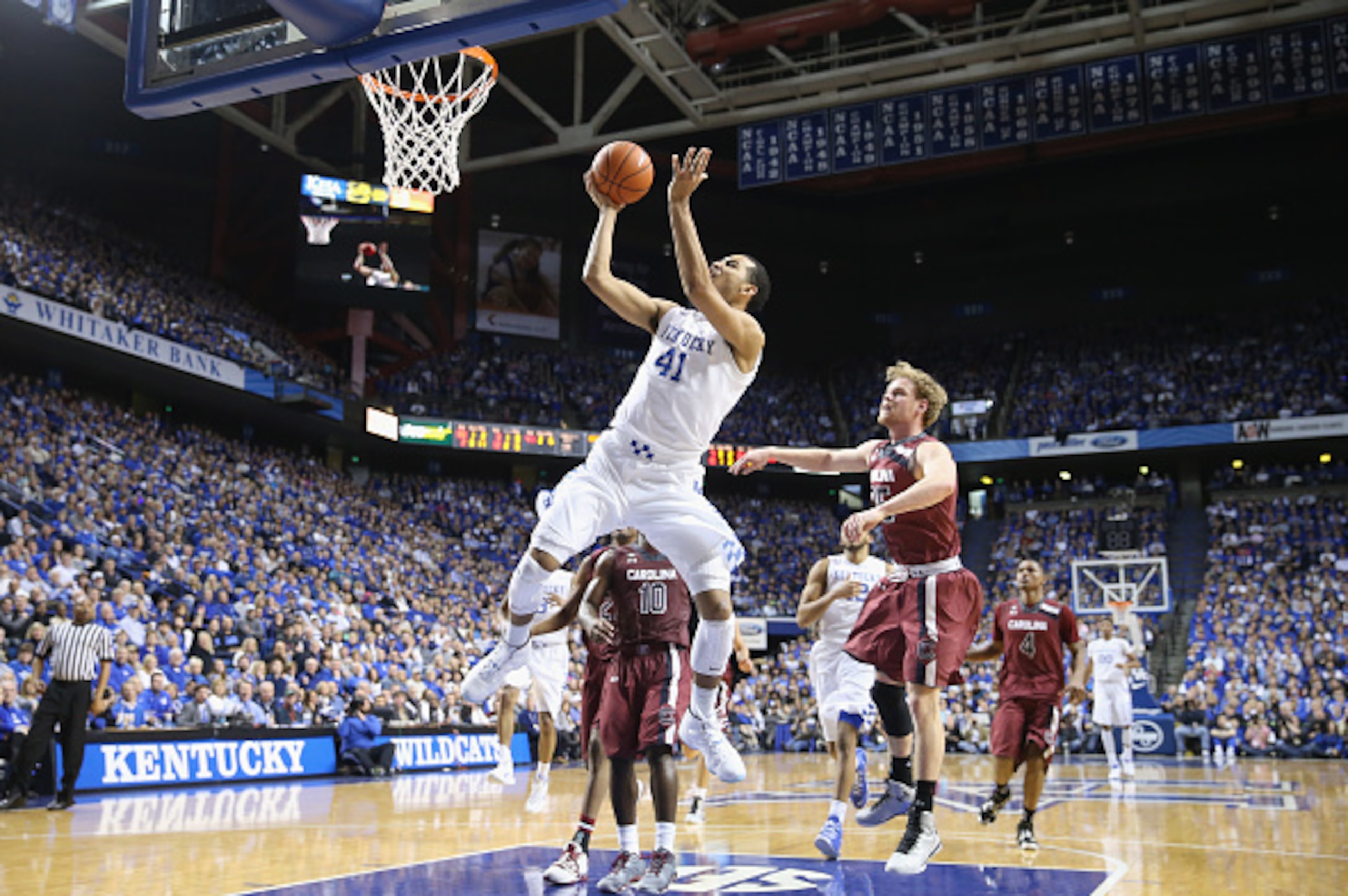 LEXINGTON, KY - FEBRUARY 14:  Trey Lyles #41 of the Kentucky Wildcats shoots the ball during the game against the South Carolina Gamecocks at Rupp Arena on February 14, 2015 in Lexington, Kentucky.  (Photo by Andy Lyons/Getty Images)