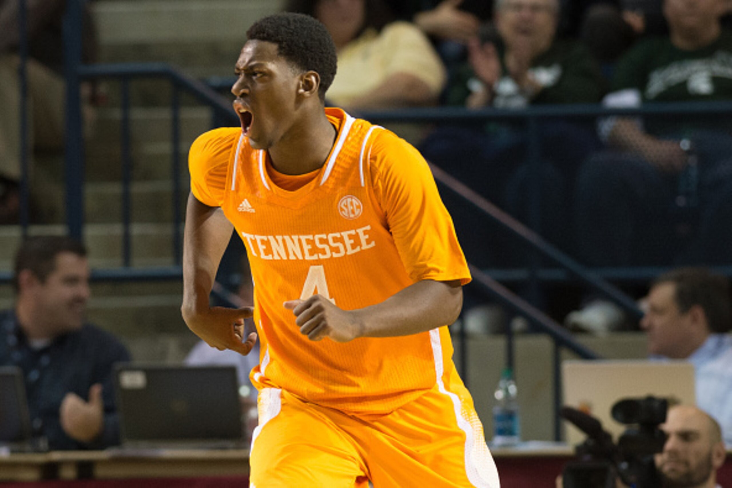 ANNAPOLIS, MD - NOVEMBER 14:  Armani Moore #4 celebrates after scoring in the second against the Virginia Commonwealth Rams of the Tennessee Volunteers  at the Alumni Hall on November 14, 2014 in Annapolis, Maryland.  Virginia Commonwealth Rams defeated T