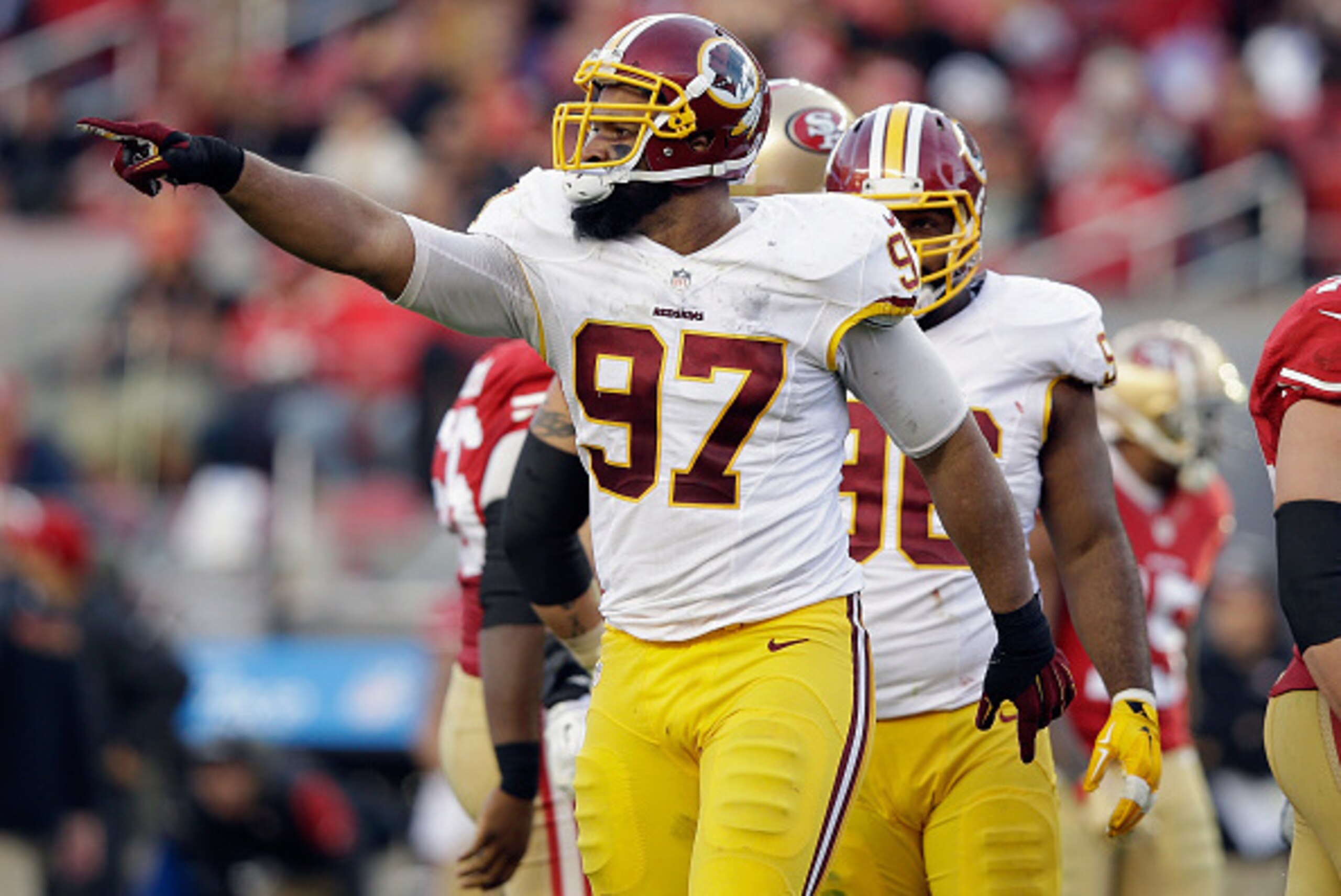 SANTA CLARA, CA - NOVEMBER 23:  Jason Hatcher #97 of the Washington Redskins reacts after he sacked Colin Kaepernick #7 of the San Francisco 49ers at Levi's Stadium on November 23, 2014 in Santa Clara, California.  (Photo by Ezra Shaw/Getty Images)