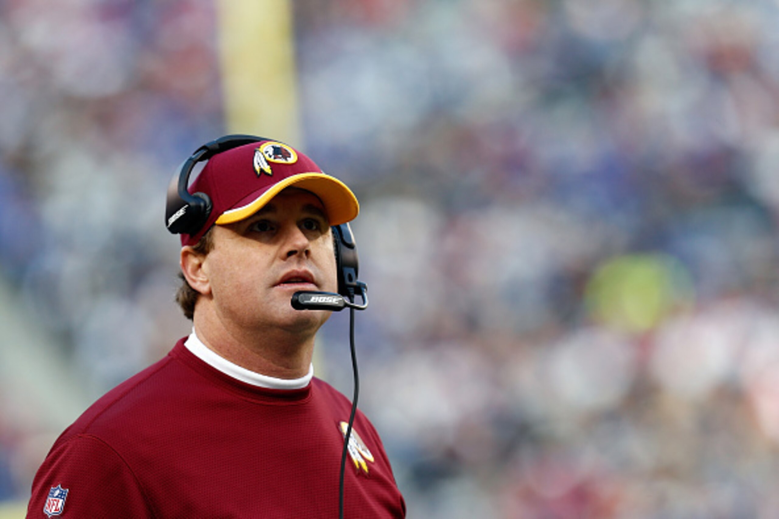 EAST RUTHERFORD, NJ - DECEMBER 14:  Head coach Jay Gruden of the Washington Redskins looks on in the first half against the New York Giants during their game at MetLife Stadium on December 14, 2014 in East Rutherford, New Jersey.  (Photo by Jeff Zelevansk