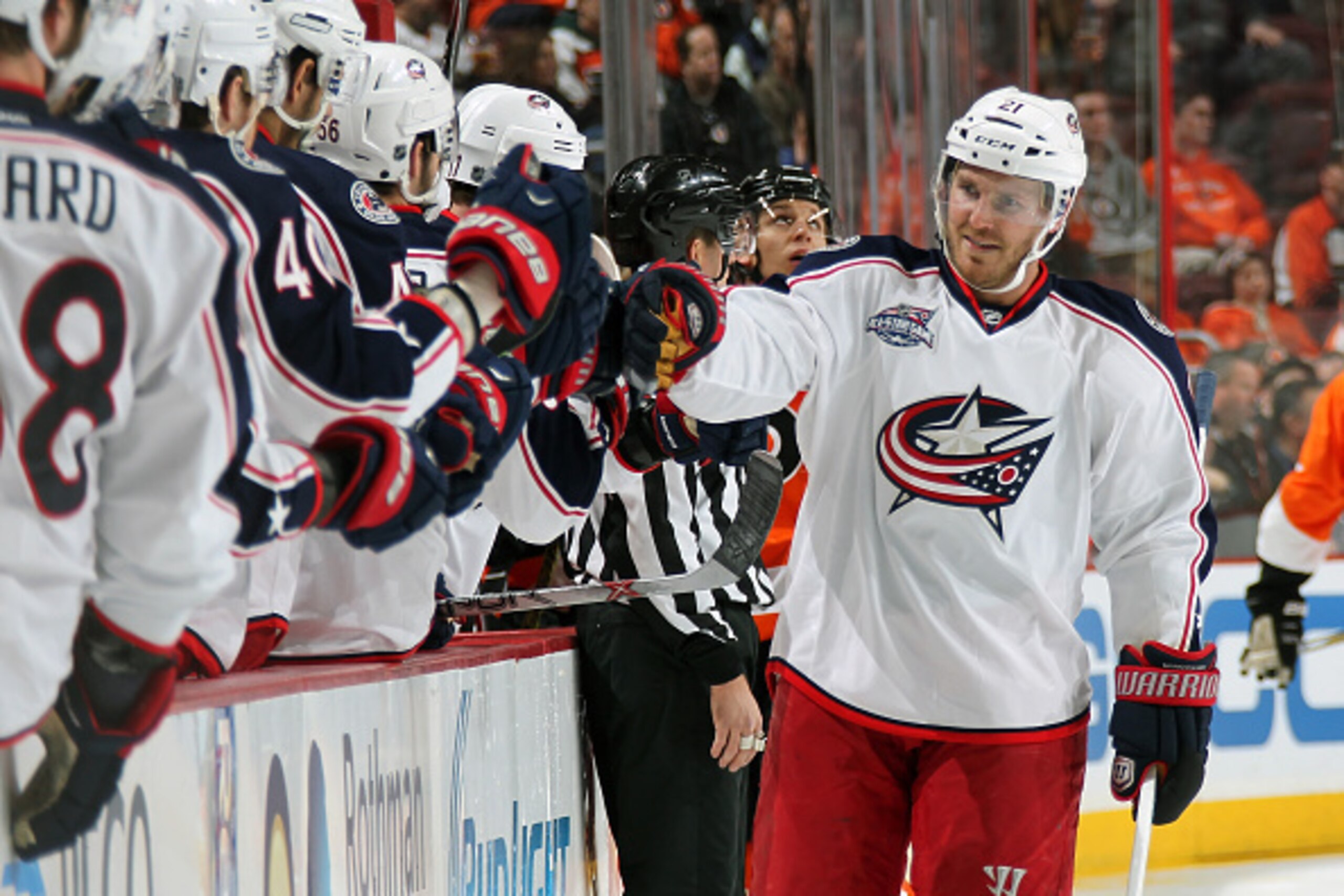 PHILADELPHIA, PA - FEBRUARY 17:  James Wisniewski #21 of the Columbus Blue Jackets celebrates a goal with teammates against the Philadelphia Flyers on February 17, 2015 at the Wells Fargo Center in Philadelphia, Pennsylvania.  (Photo by Len Redkoles/NHLI 