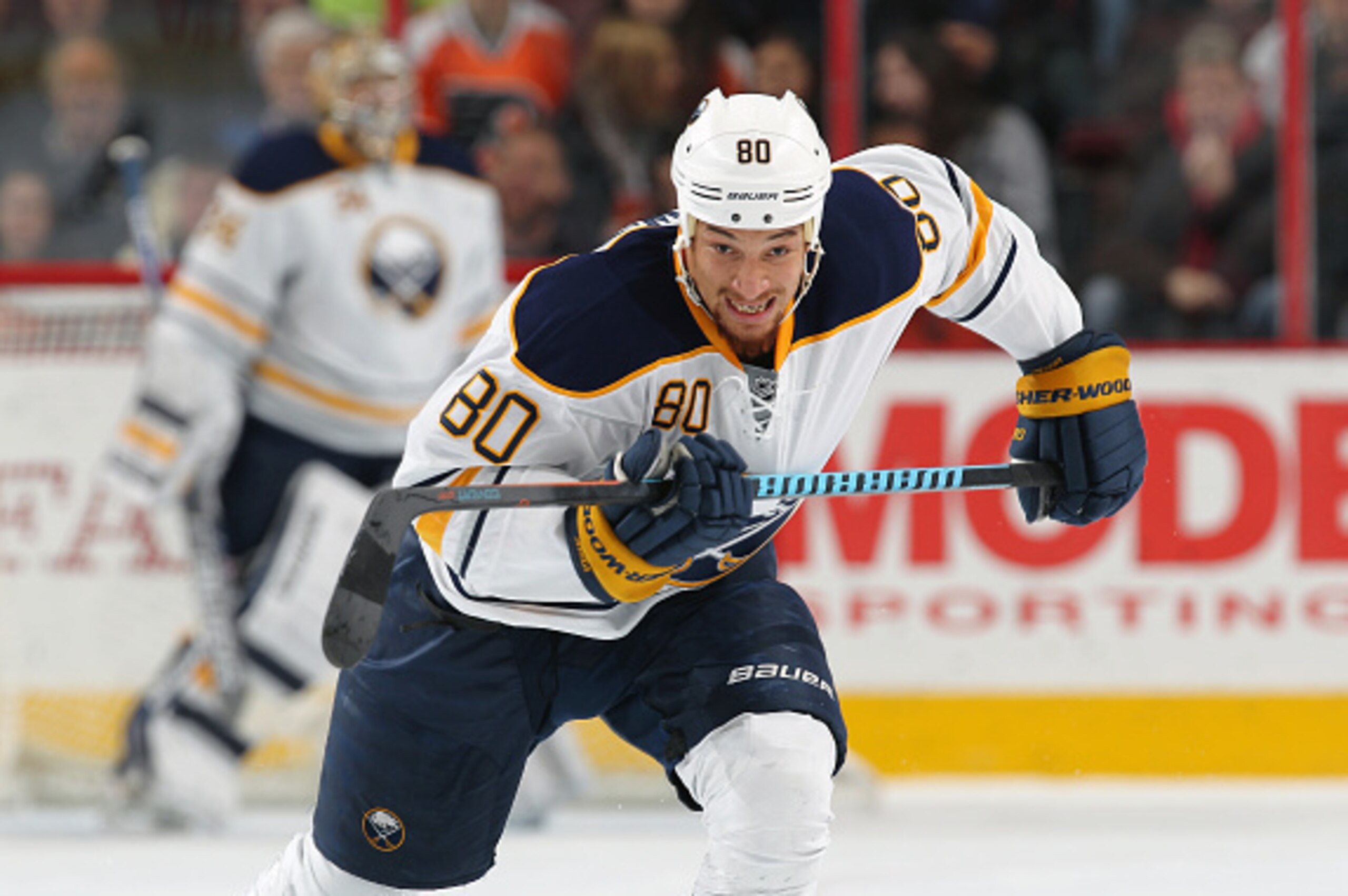 PHILADELPHIA, PA - FEBRUARY 19:  Chris Stewart #80 of the Buffalo Sabres skates against the Philadelphia Flyers on February 19, 2015 at the Wells Fargo Center in Philadelphia, Pennsylvania.  (Photo by Len Redkoles/NHLI via Getty Images)