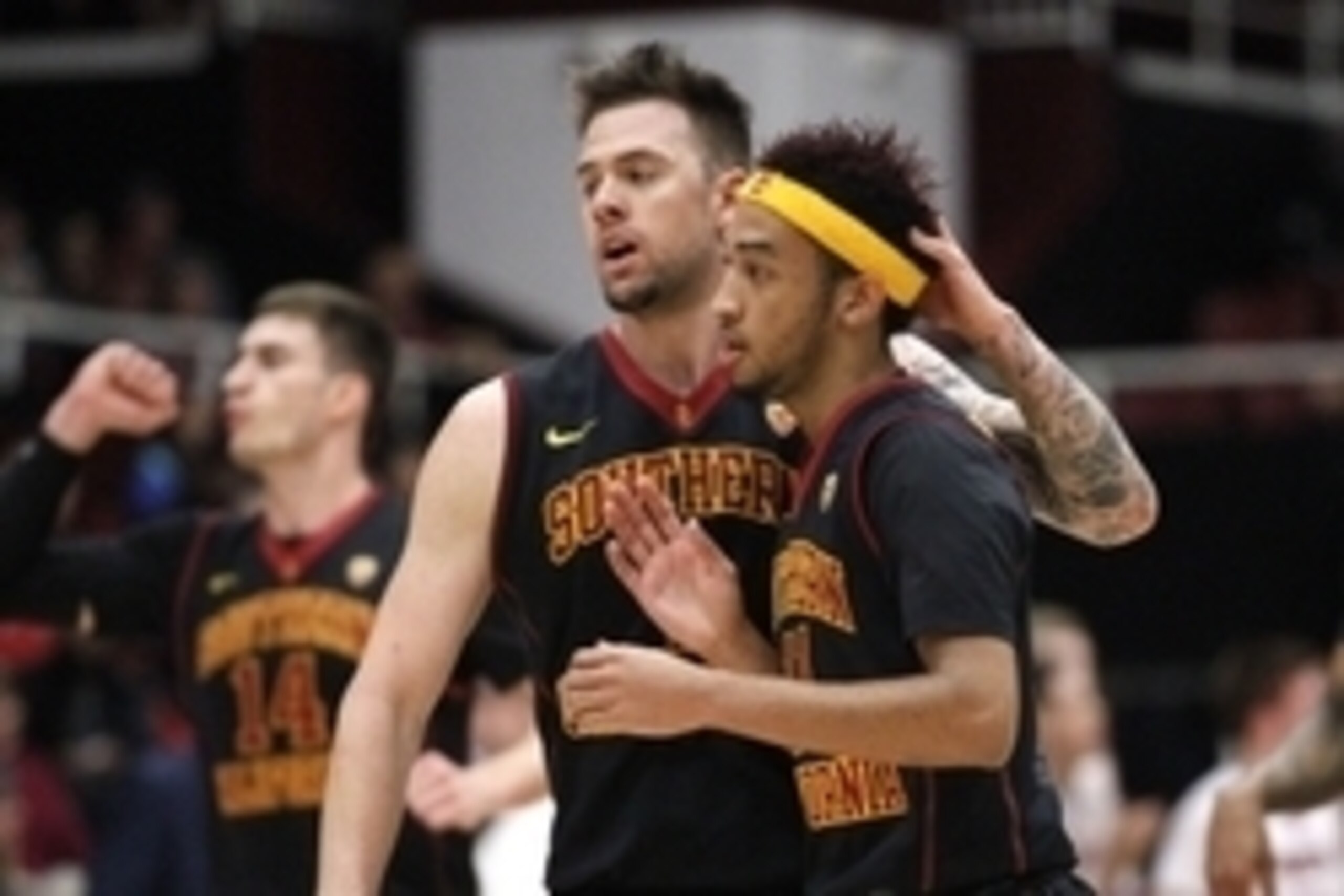 Feb 8, 2015; Stanford, CA, USA; USC Trojans guard Jordan McLaughlin (11) is congratulated by guard Katin Reinhardt (1) after making a three point basket against the Stanford Cardinal in the first half at Maples Pavilion. Mandatory Credit: Cary Edmondson-U Feb 8, 2015; Stanford, CA, USA; USC Trojans guard Jordan McLaughlin (11) is congratulated by guard Katin Reinhardt (1) after making a three point basket against the Stanford Cardinal in the first half at Maples Pavilion. Mandatory Credit: Cary Edmondson-U